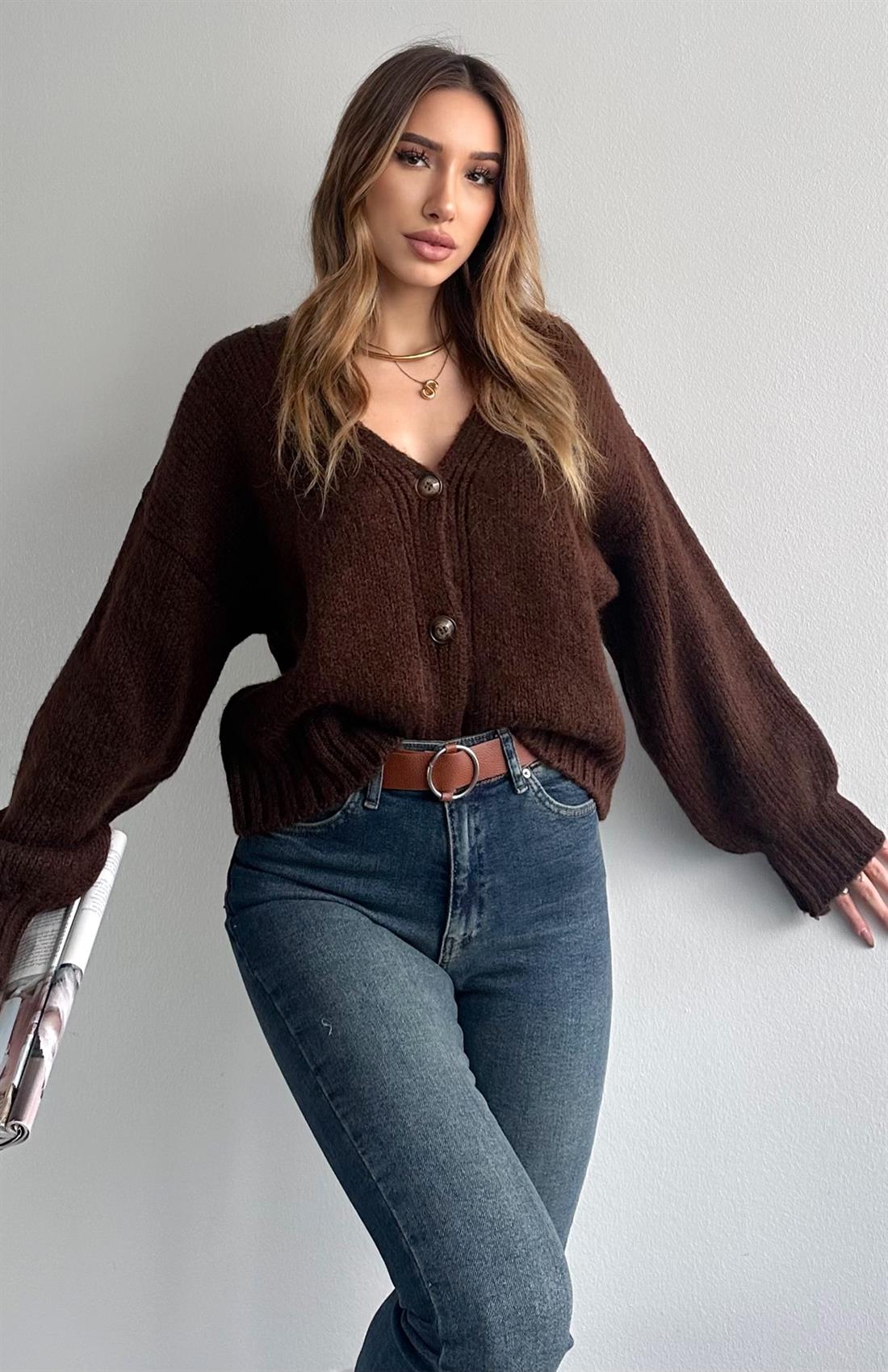 V Yaka Basic Hırka KAHVERENGİ