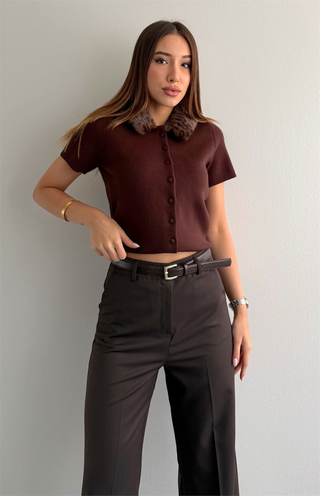 Yakası Leoparlı Hırka KAHVERENGİ