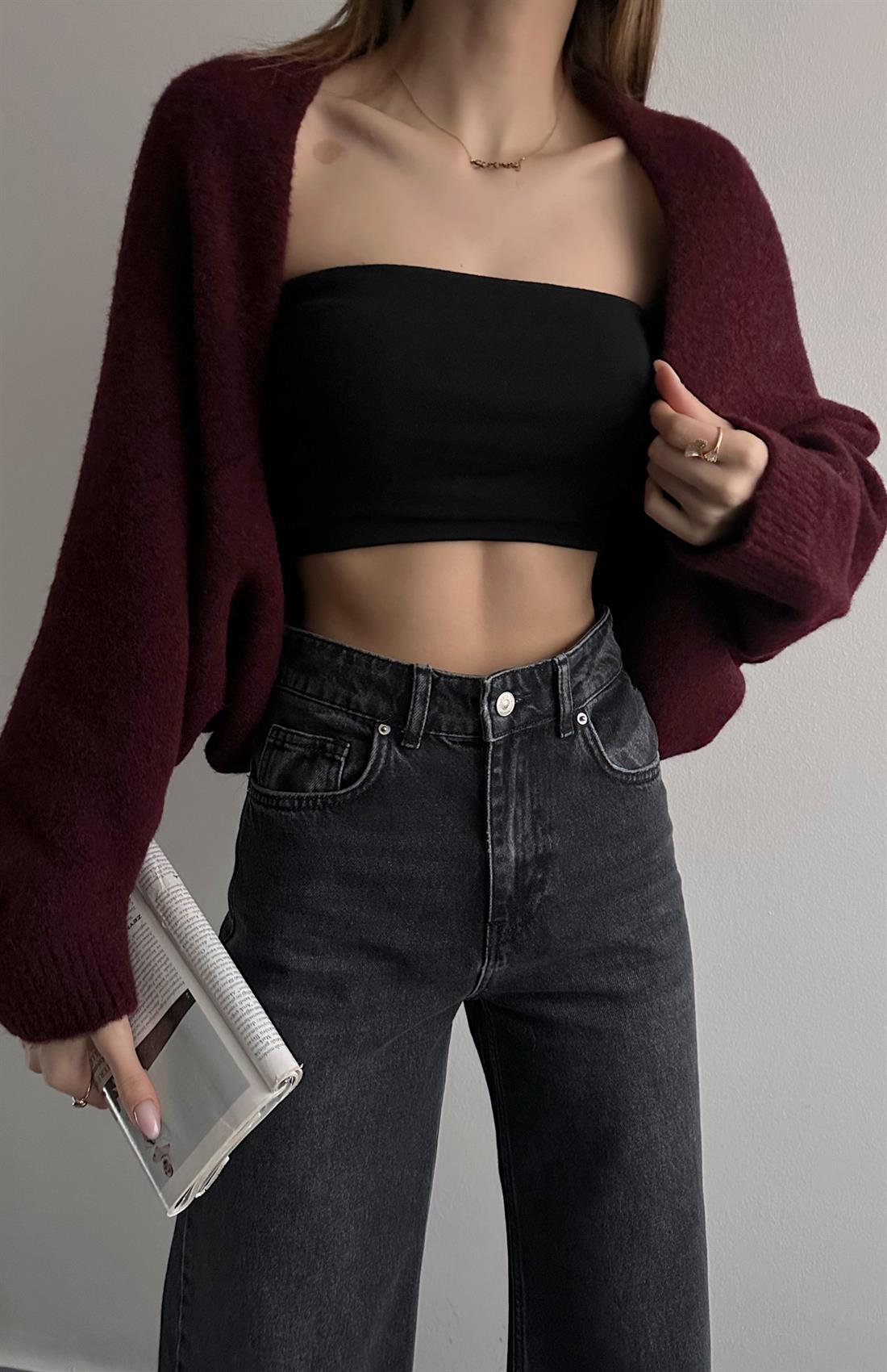 Yün Karışımlı Balon Bolero Hırka MÜRDÜM