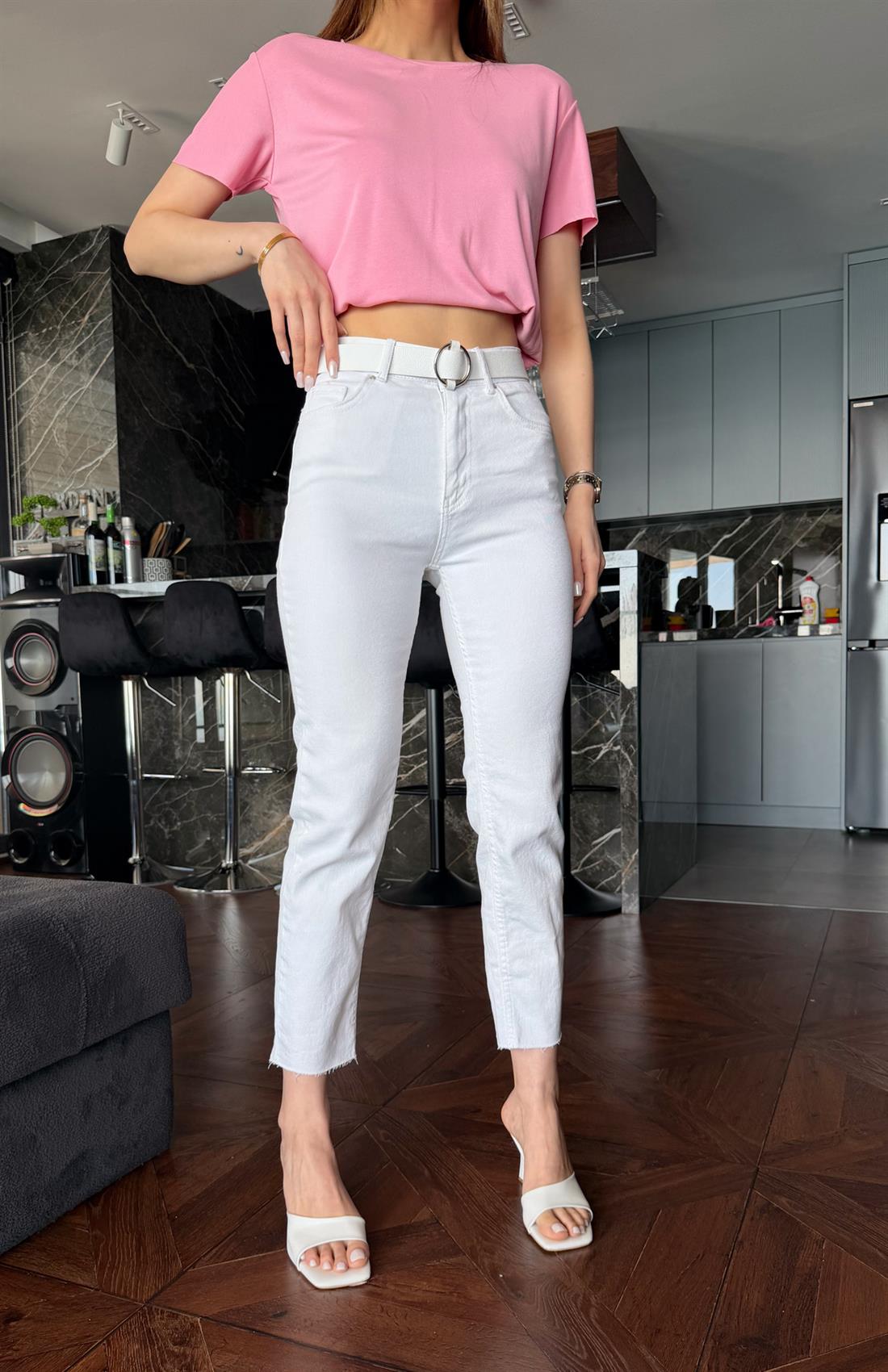 Dar Paça Kemerl Pantolon BEYAZ