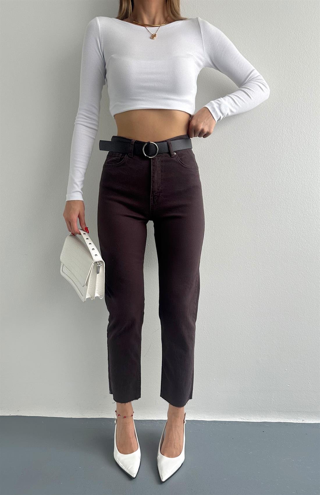 Dar Paça Kemerl Pantolon KOYU KAHVE