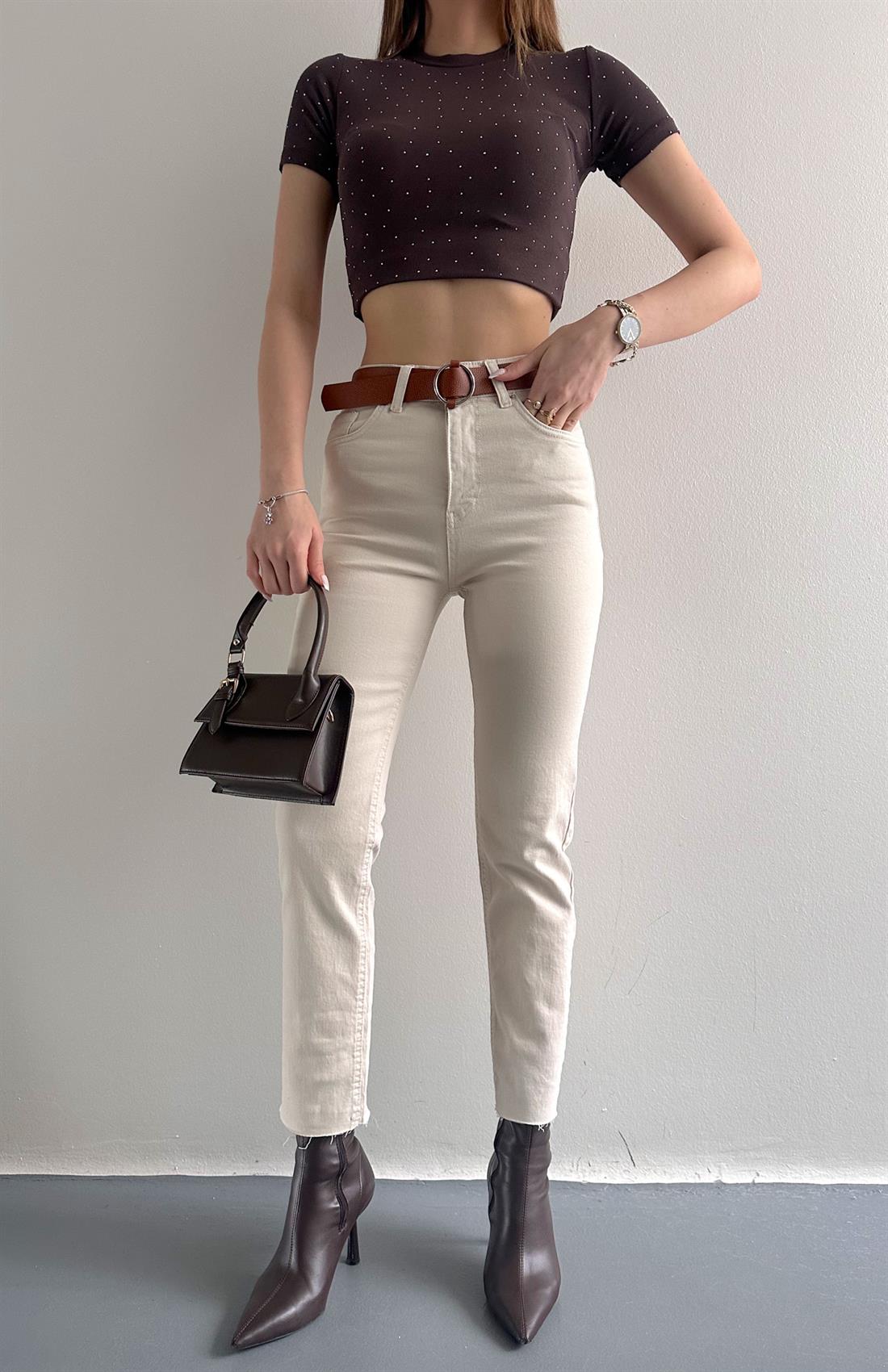 Dar Paça Kemerl Pantolon TAŞ