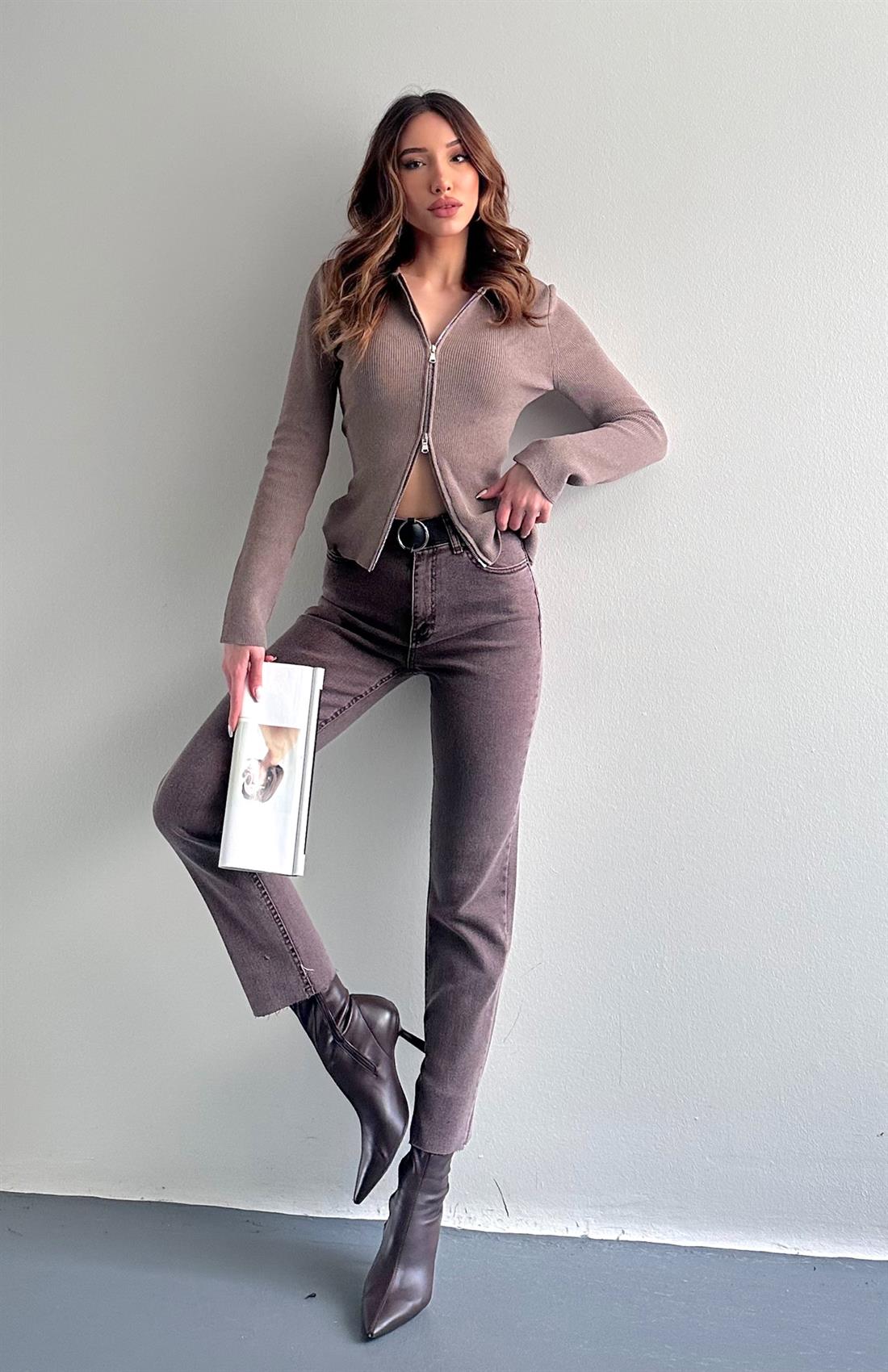 Dar Paça Kemerli Pantolon KAHVERENGİ