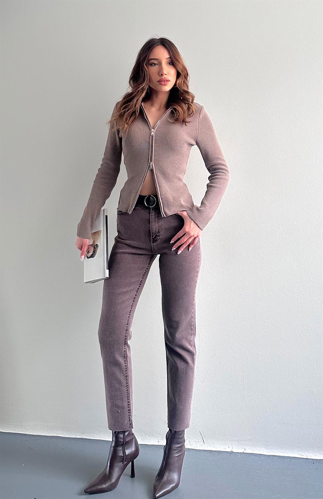 Dar Paça Kemerli Pantolon KAHVERENGİ