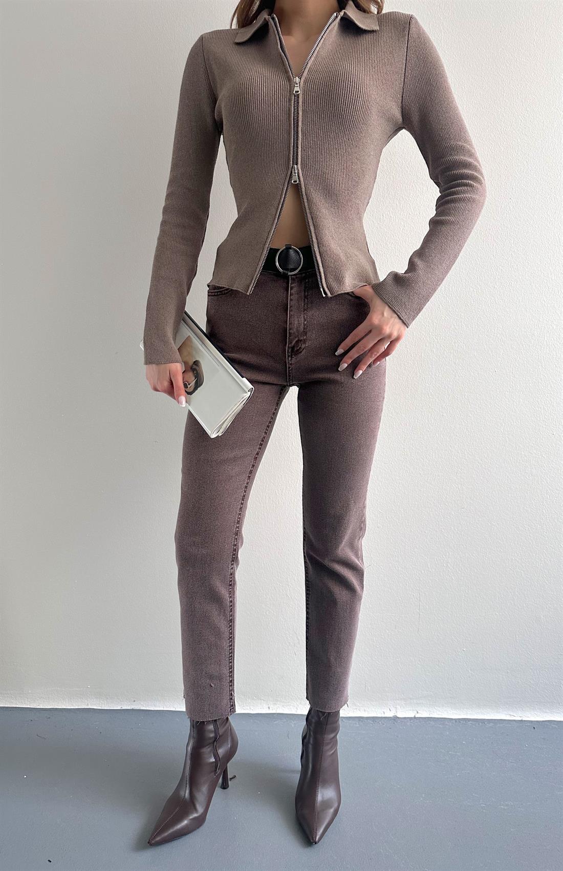 Dar Paça Kemerli Pantolon KAHVERENGİ