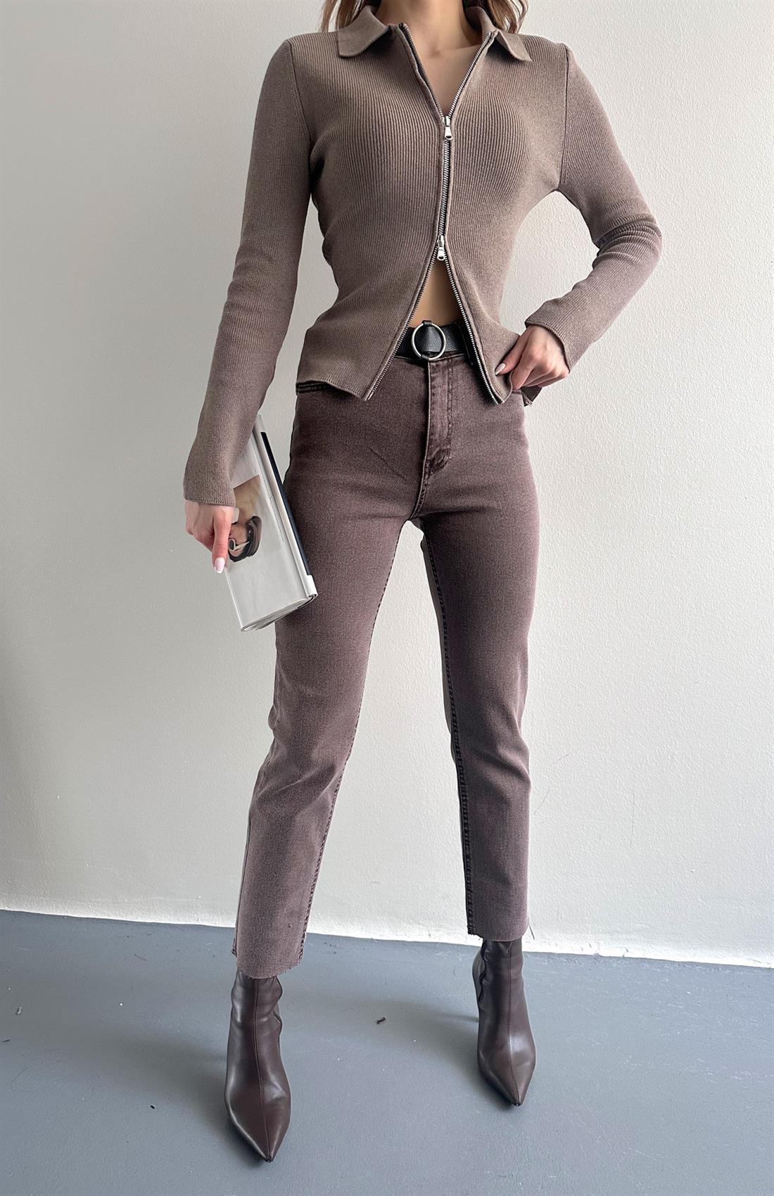 Dar Paça Kemerli Pantolon KAHVERENGİ