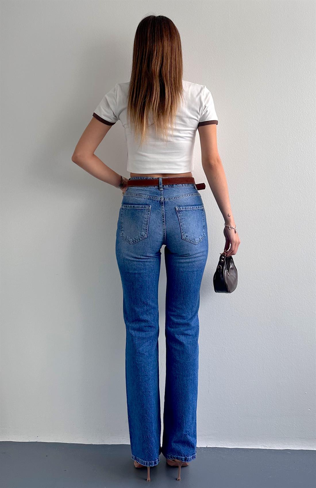 Deri Kemerli Bootcut Pantolon MAVİ