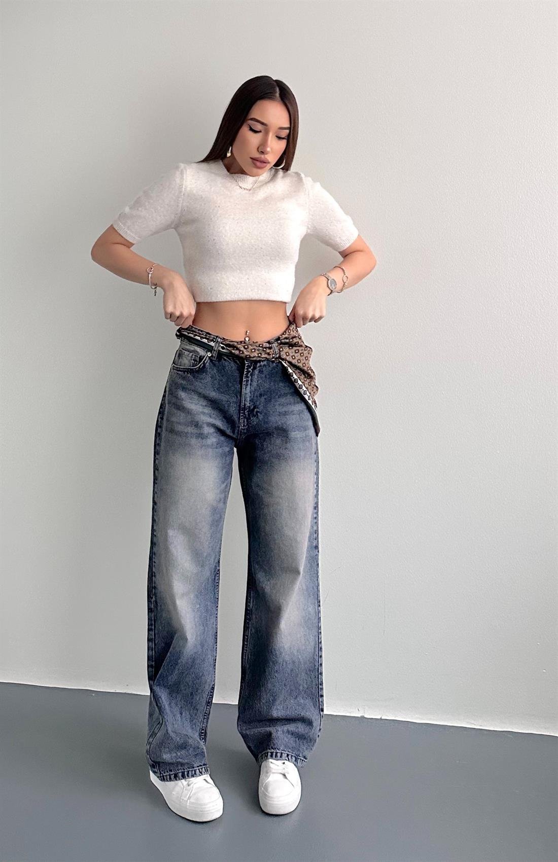 Fularlı Kot Pantolon LACİVERT