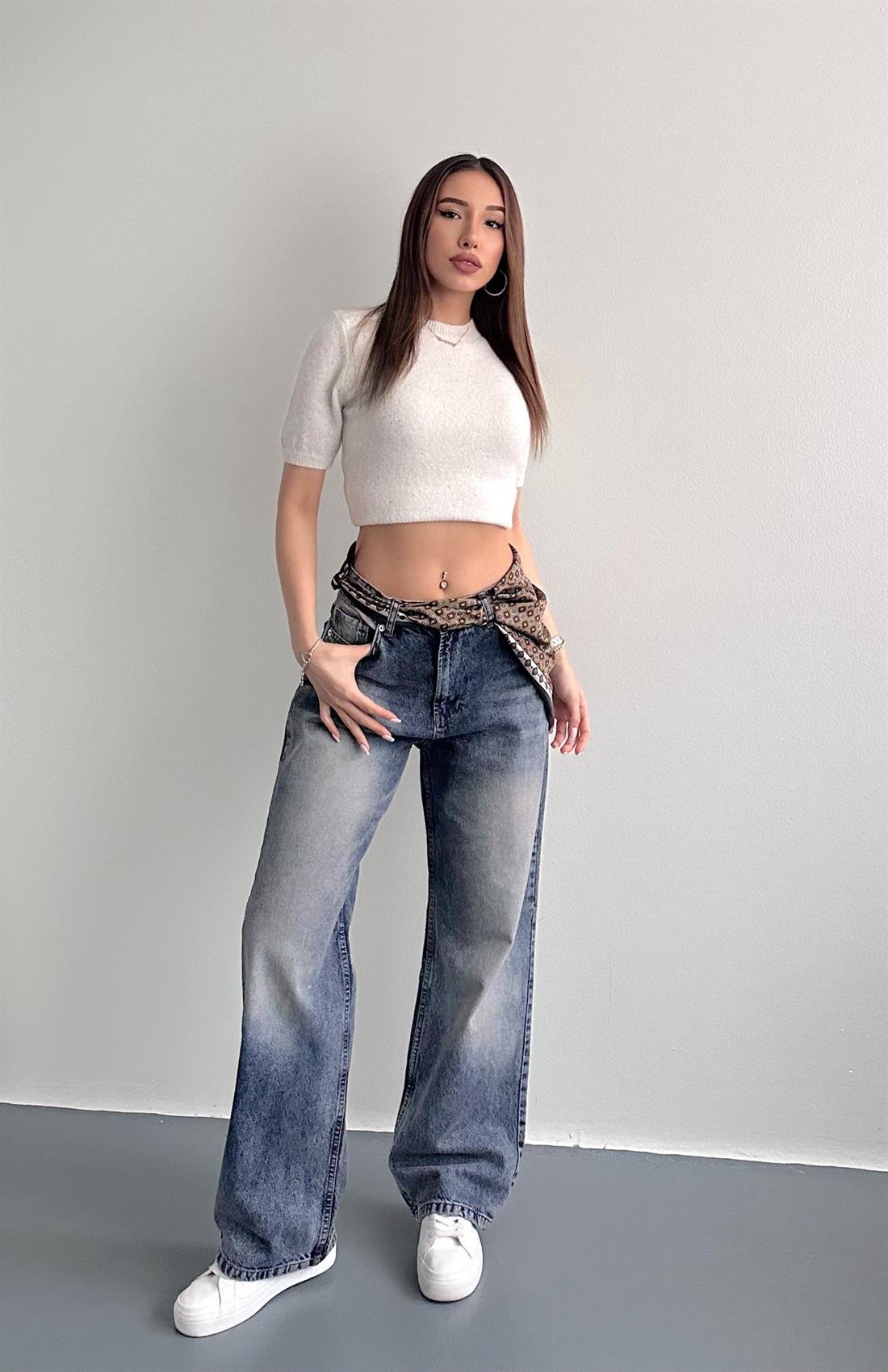 Fularlı Kot Pantolon LACİVERT