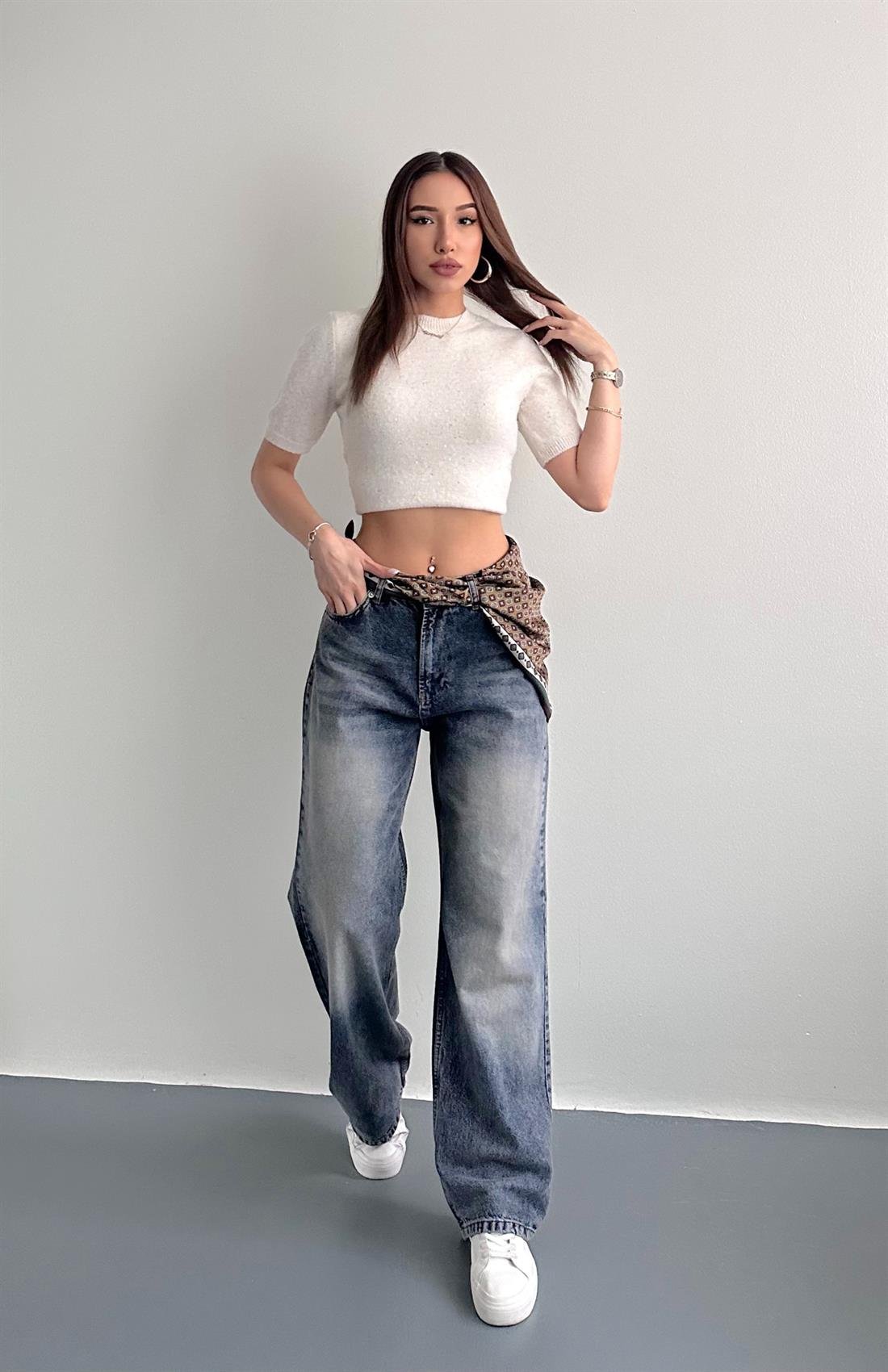 Fularlı Kot Pantolon LACİVERT