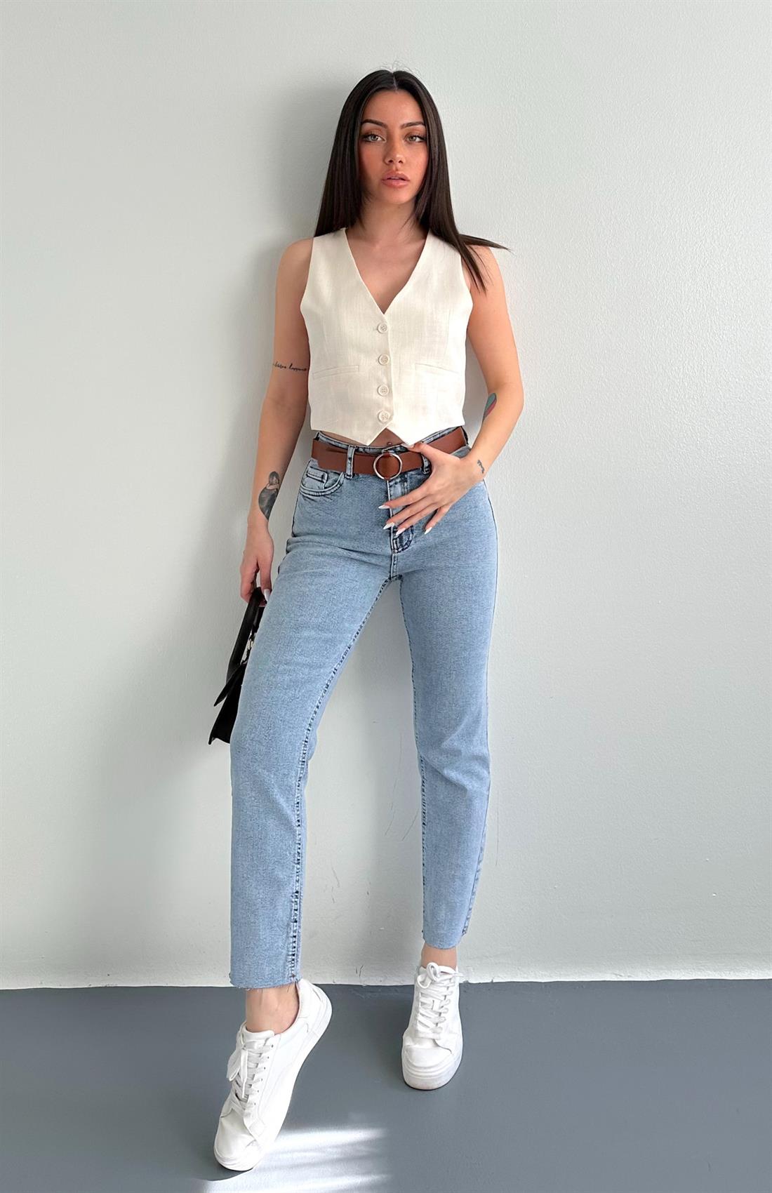 Kemerli Dar Paça Pantolon 006