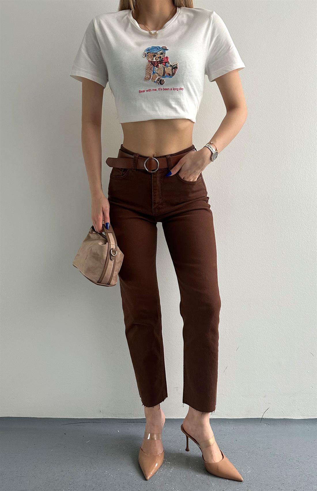 Kemerli Dar Paça Pantolon KAHVERENGİ