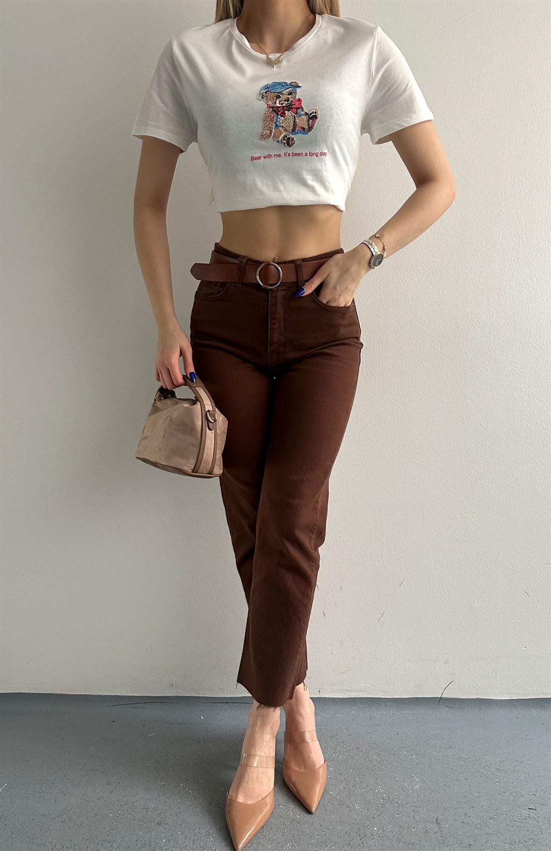 Kemerli Dar Paça Pantolon KAHVERENGİ