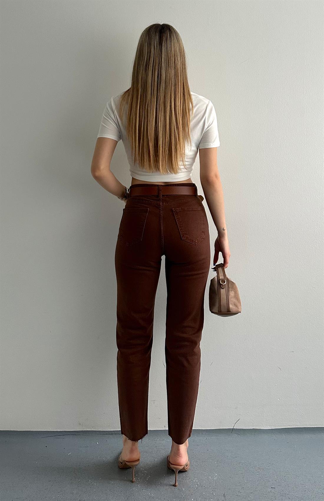 Kemerli Dar Paça Pantolon KAHVERENGİ