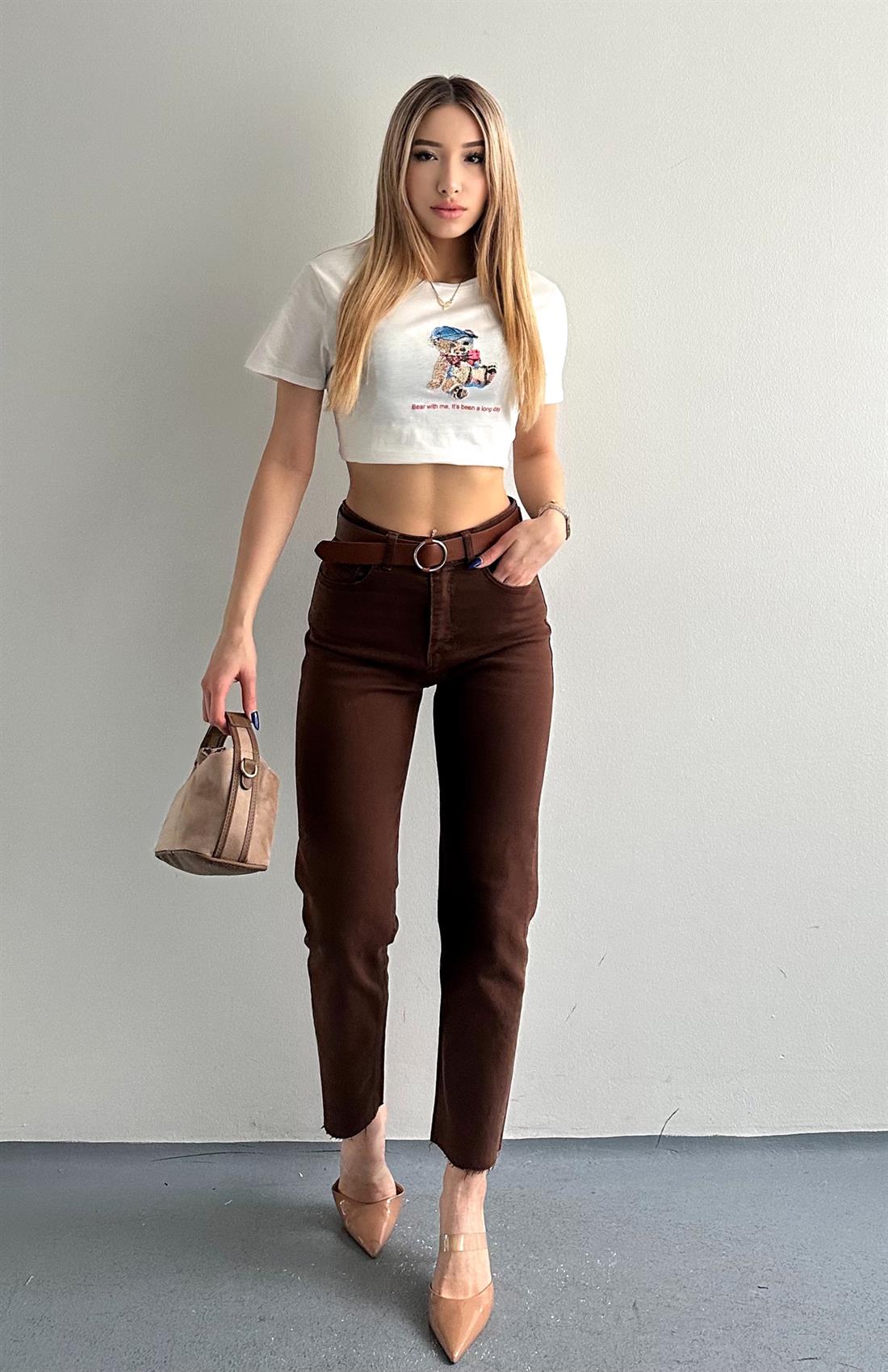 Kemerli Dar Paça Pantolon KAHVERENGİ