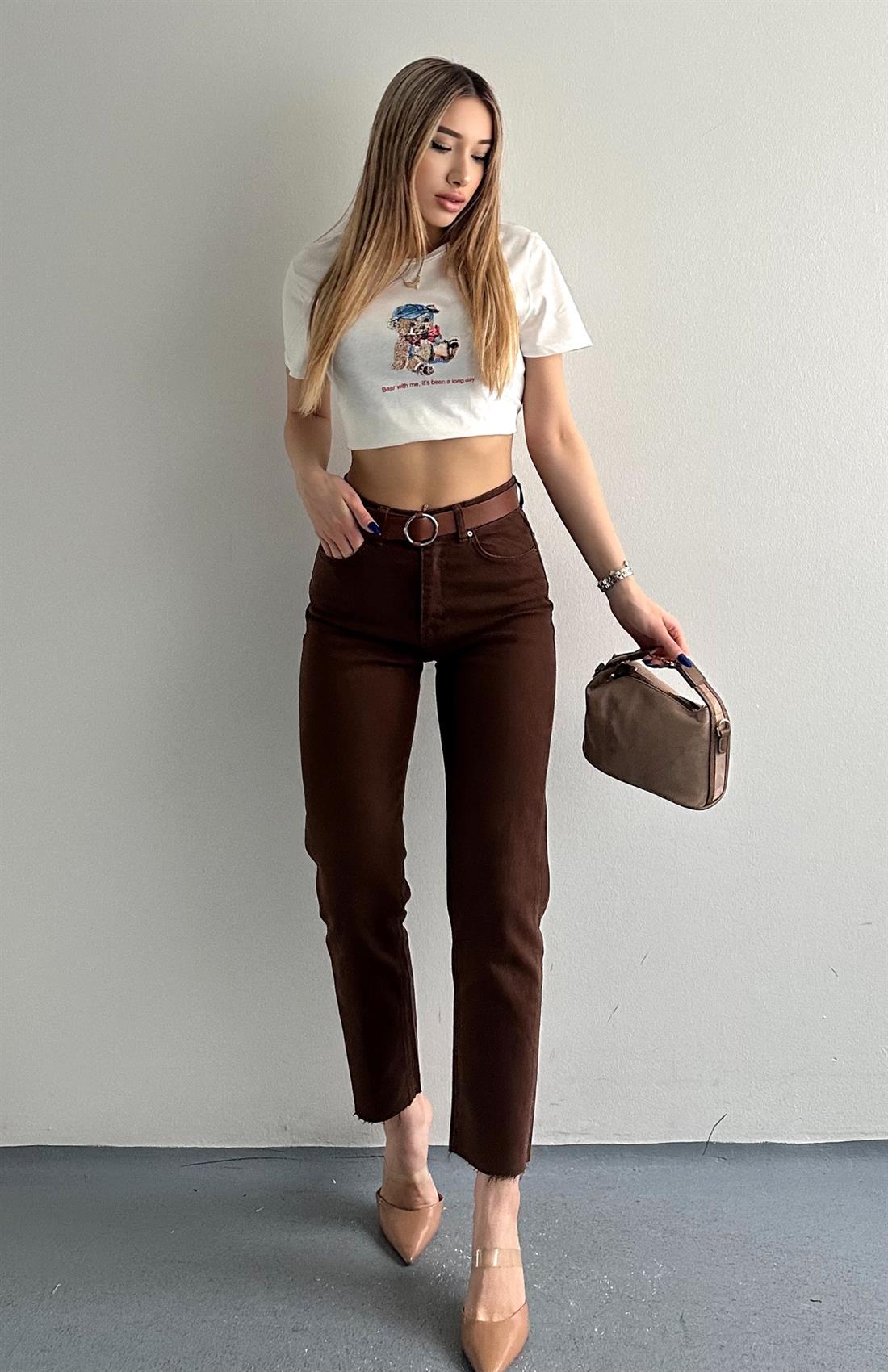 Kemerli Dar Paça Pantolon KAHVERENGİ