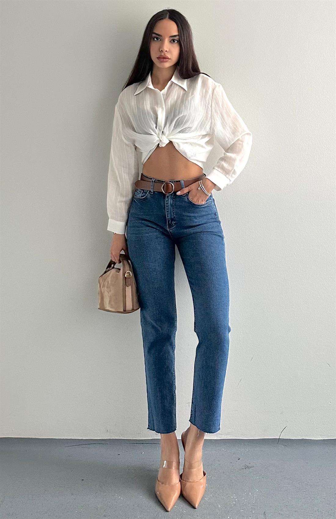 Kemerli Dar Paça Pantolon KOYU MAVİ