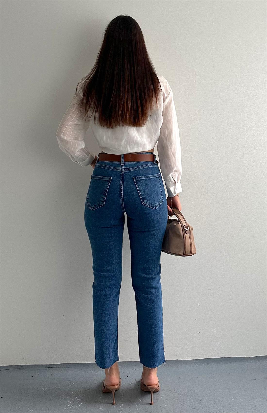 Kemerli Dar Paça Pantolon KOYU MAVİ