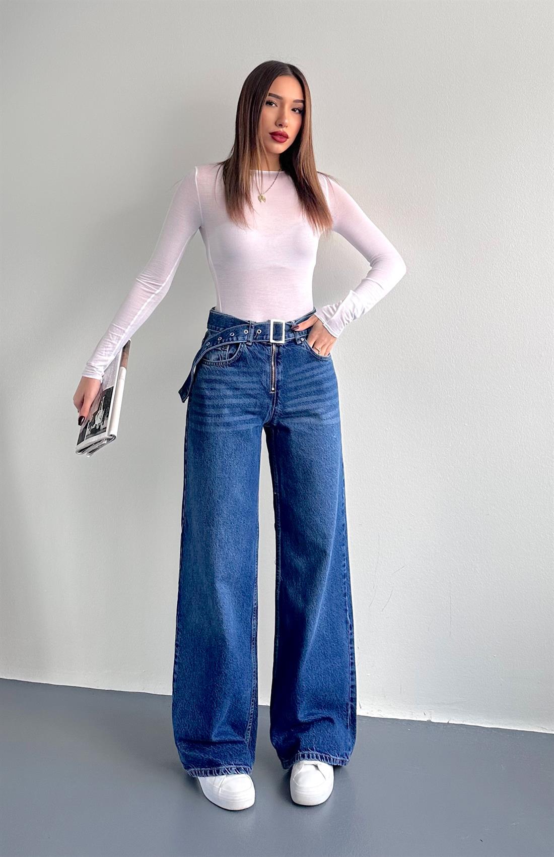 Kemerli Wideleg Pantolon MAVİ