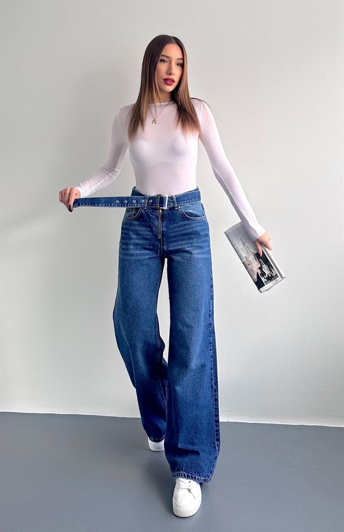 Kemerli Wideleg Pantolon MAVİ