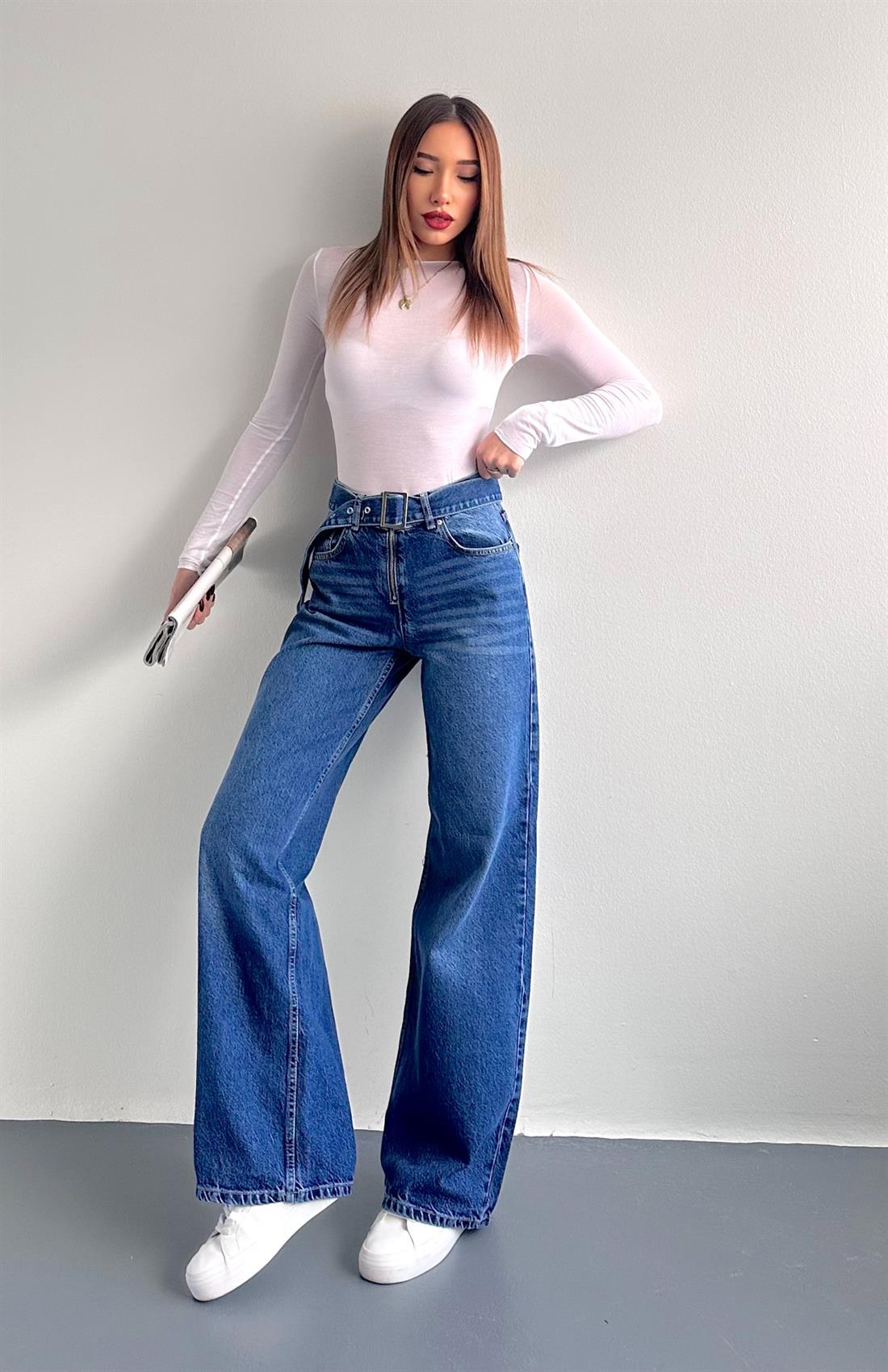 Kemerli Wideleg Pantolon MAVİ