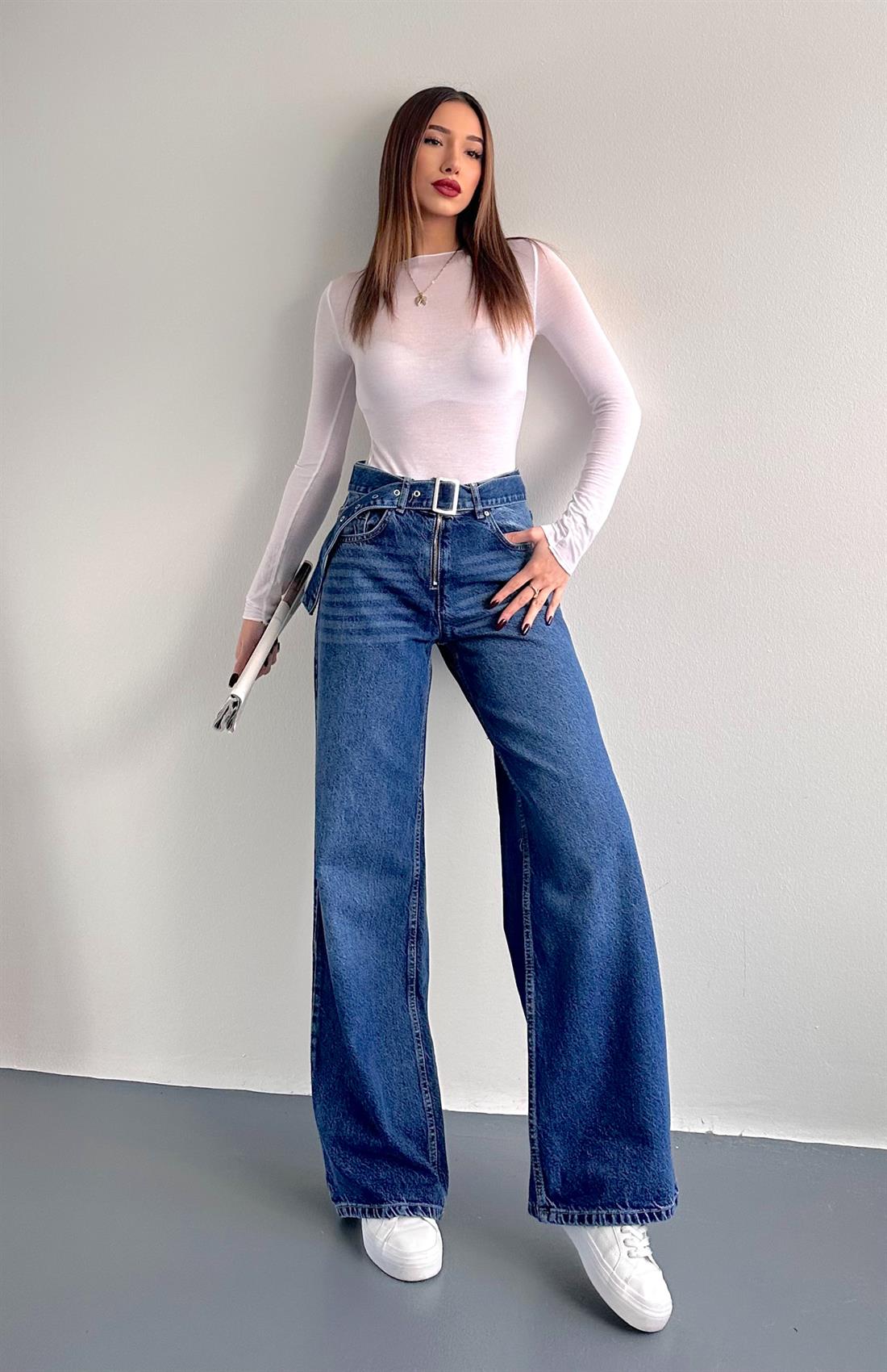 Kemerli Wideleg Pantolon MAVİ