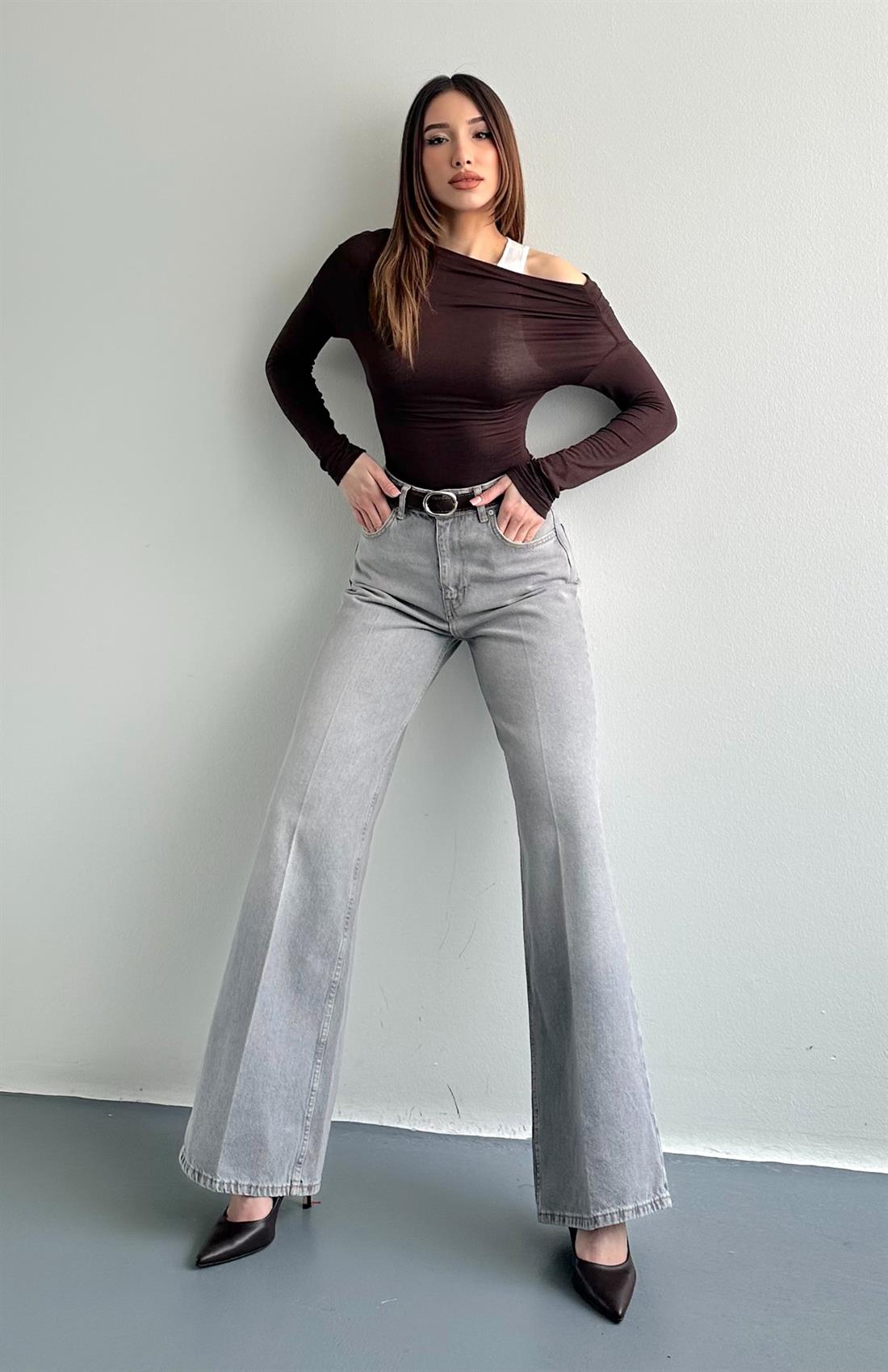 Kemerli Widelog Pantolon GRİ