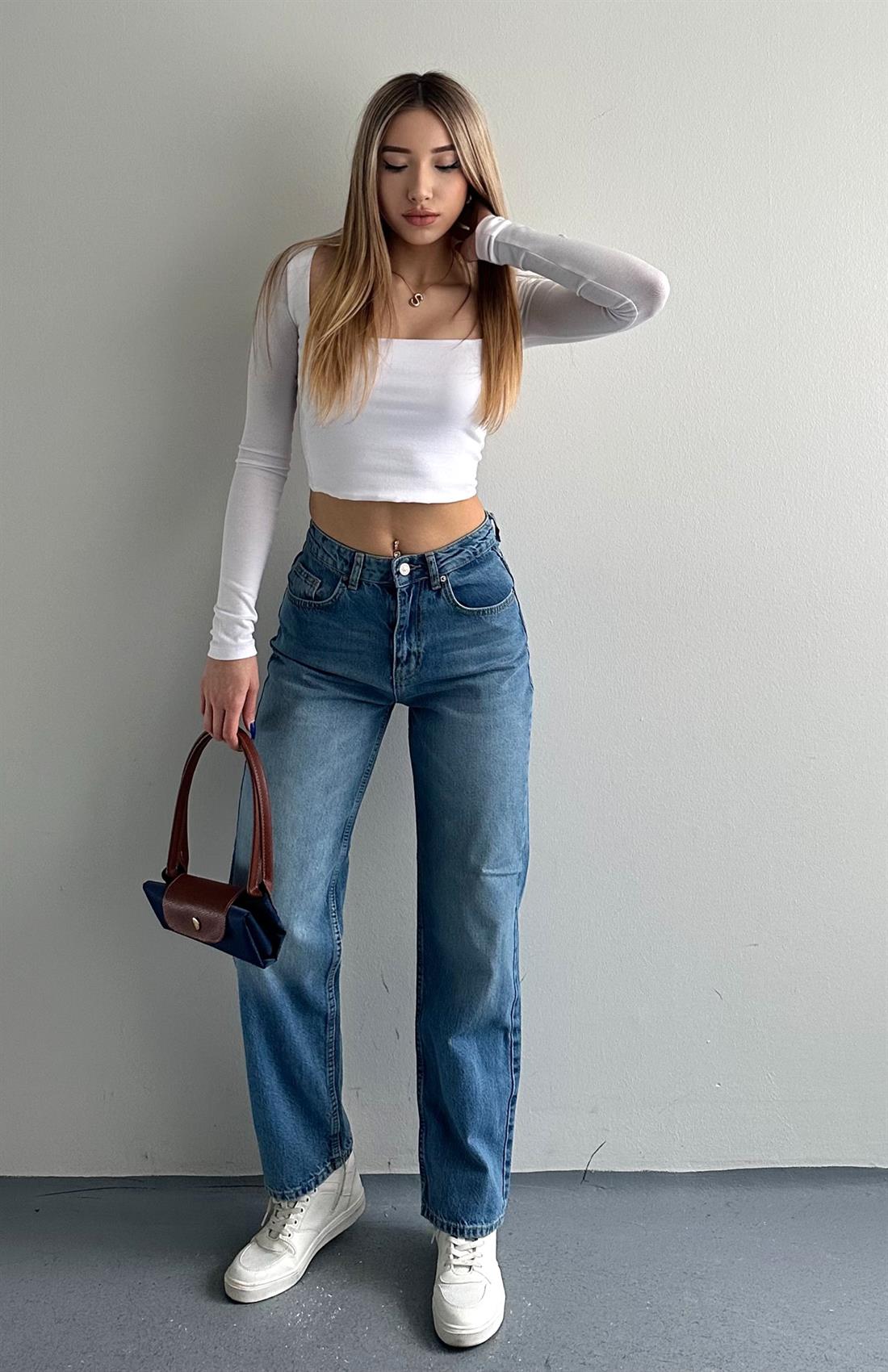 Orta Mavi Yeni Kesim Mom Jeans Pantolon MAVİ