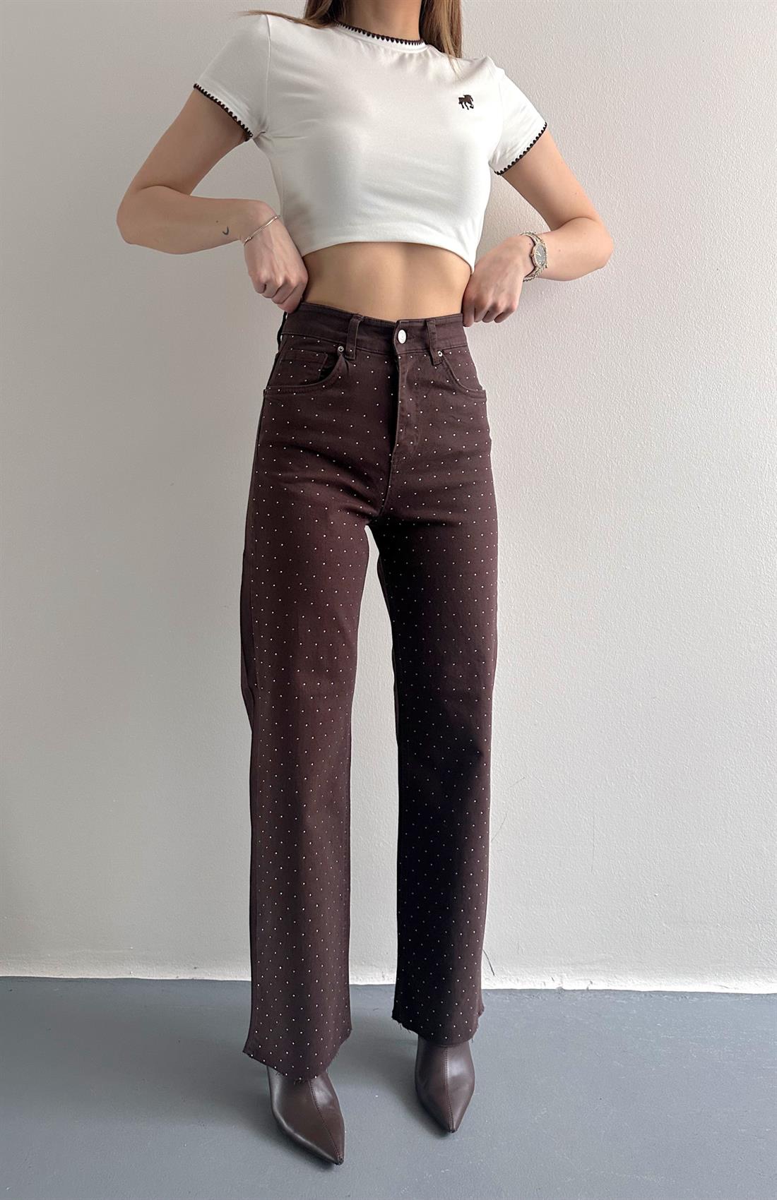 Taşlı Bol Paça Pantolon KAHVERENGİ