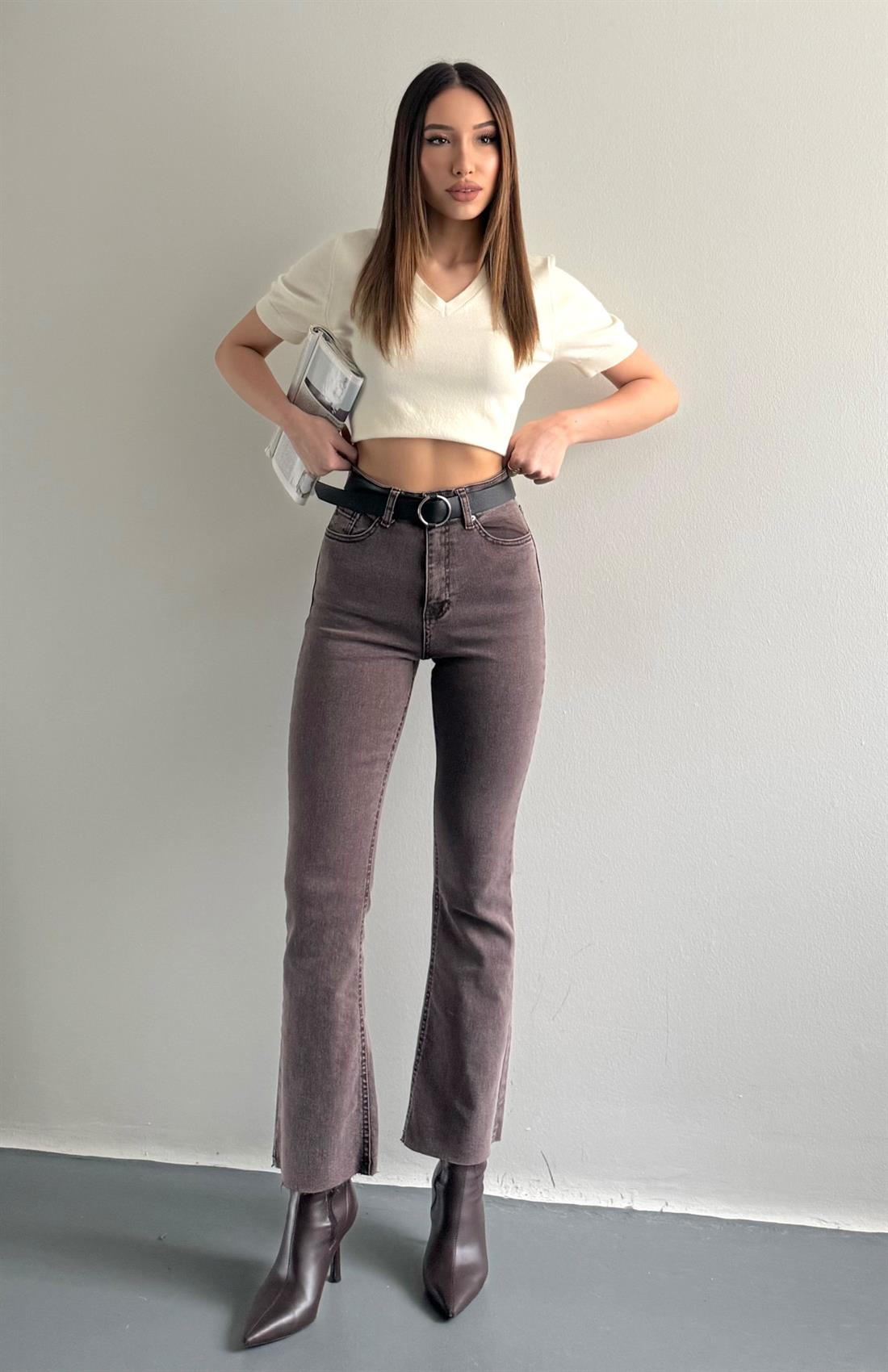 Yıkamalı İspanyol Paça Kemerli Pantolon KAHVERENGİ