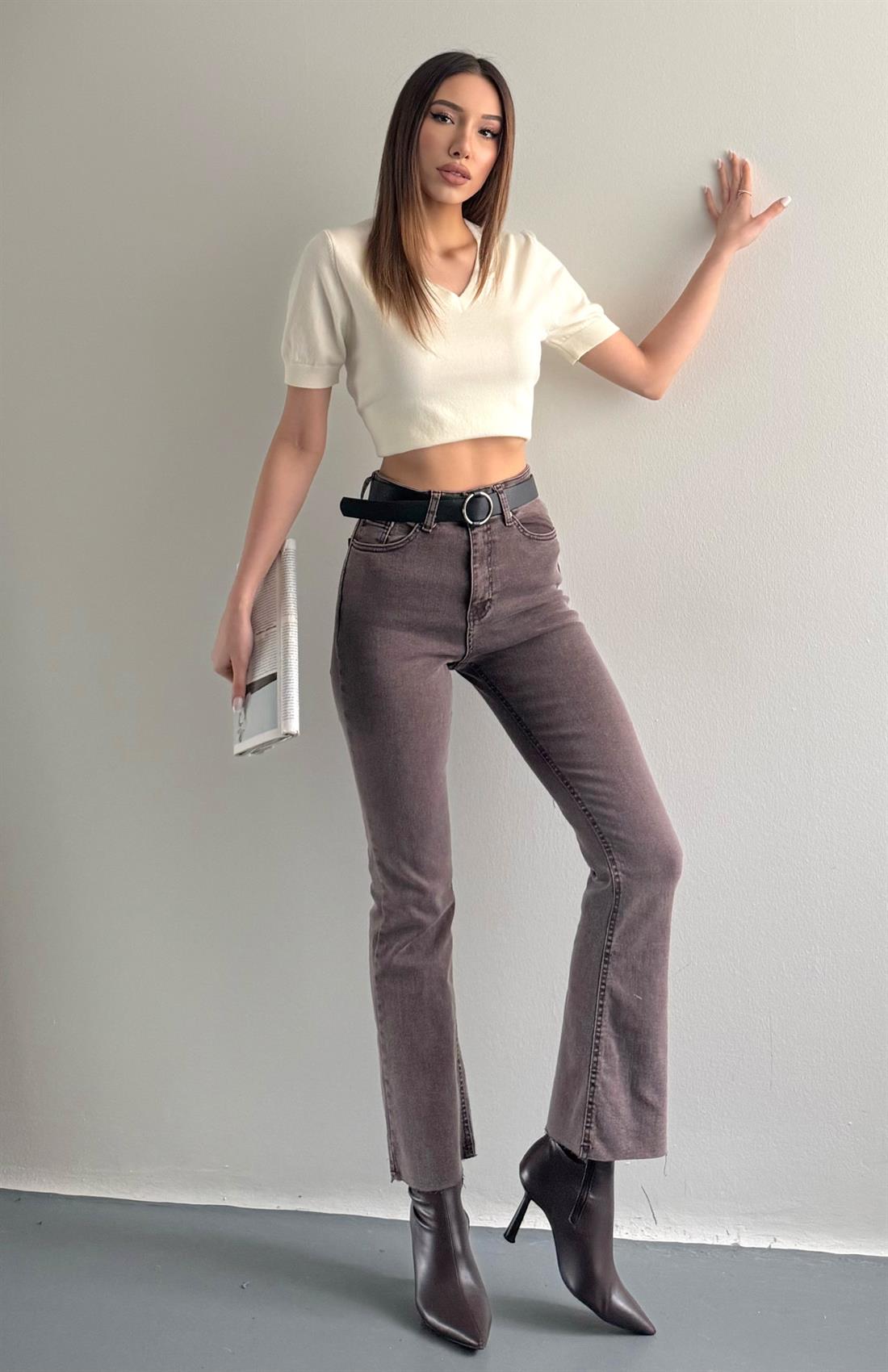 Yıkamalı İspanyol Paça Kemerli Pantolon KAHVERENGİ