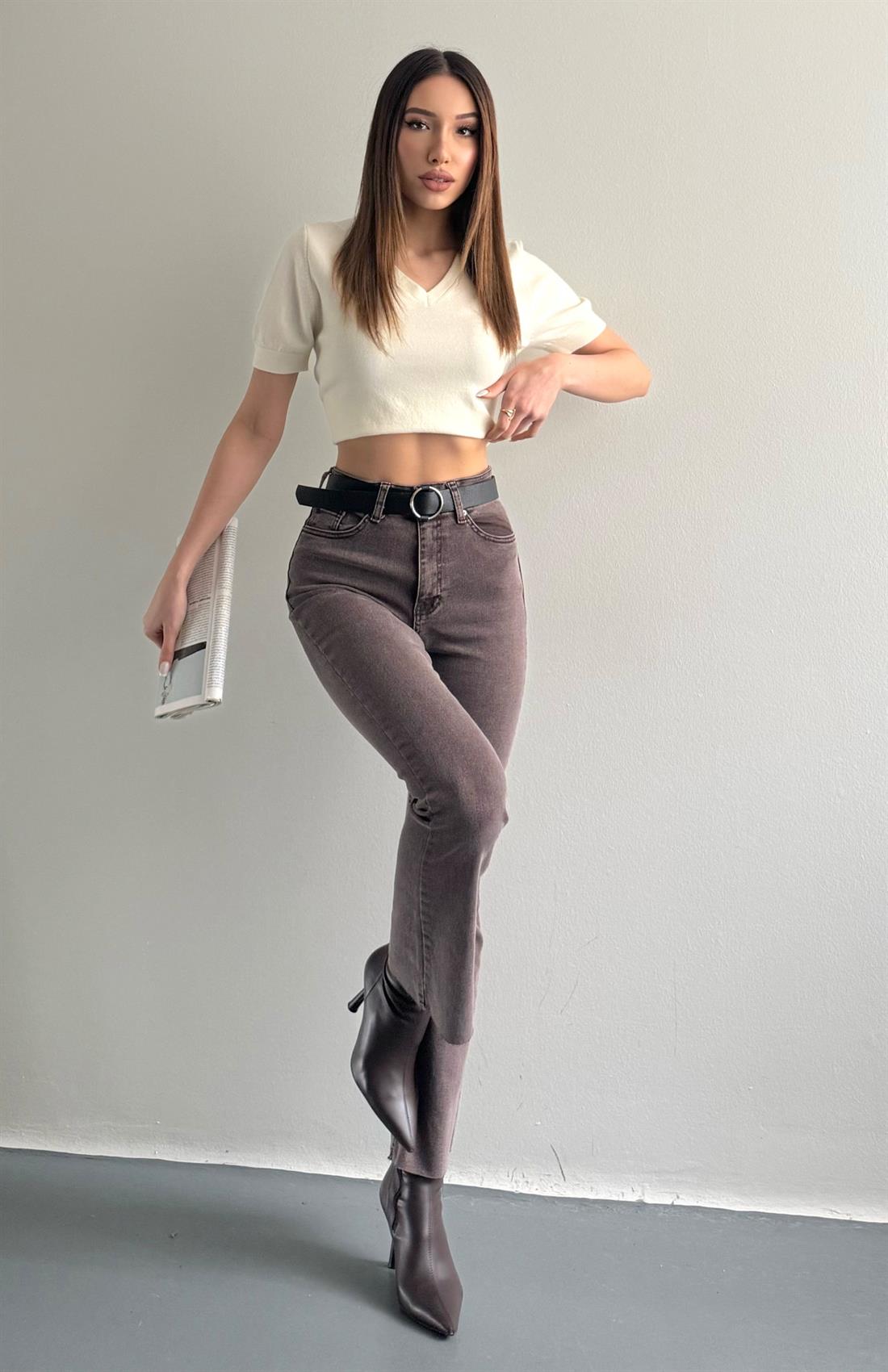 Yıkamalı İspanyol Paça Kemerli Pantolon KAHVERENGİ