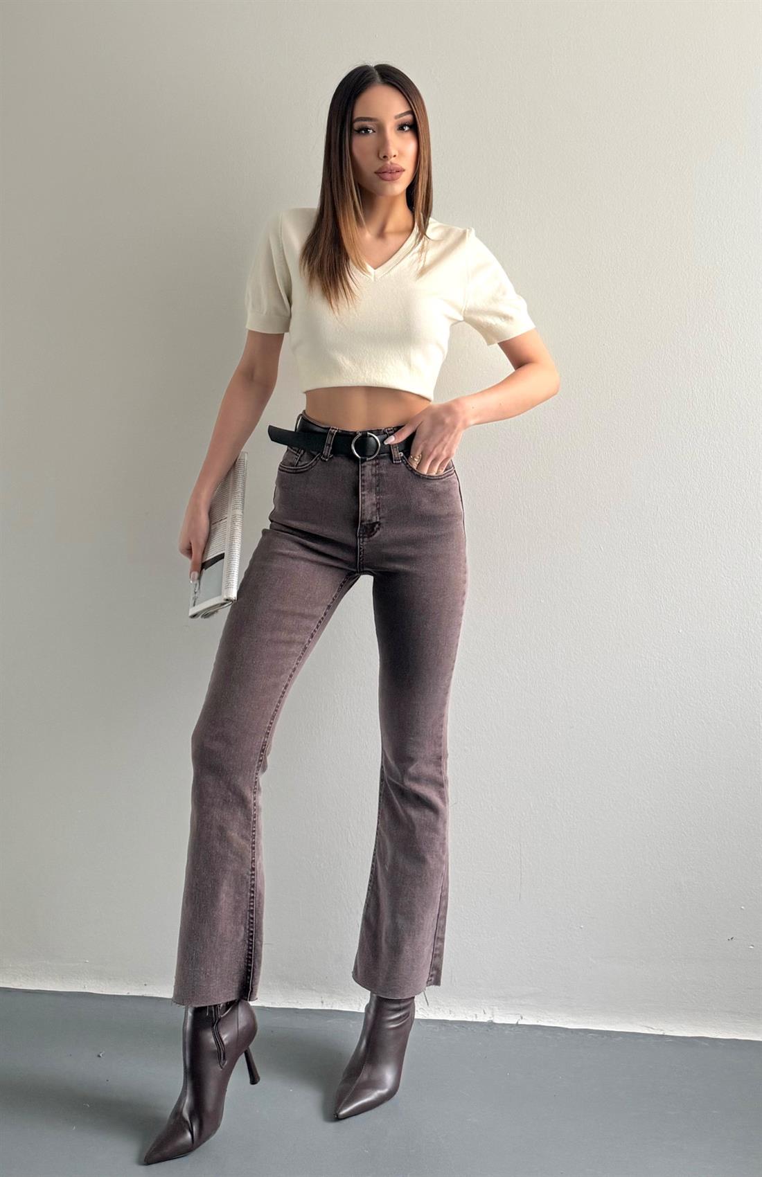 Yıkamalı İspanyol Paça Kemerli Pantolon KAHVERENGİ