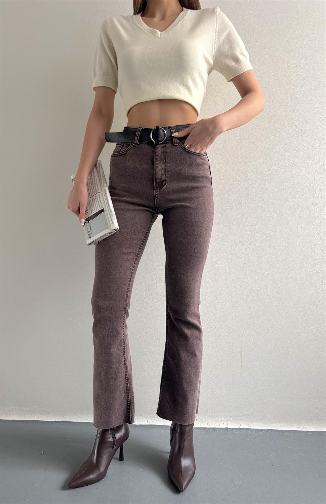 Yıkamalı İspanyol Paça Kemerli Pantolon KAHVERENGİ