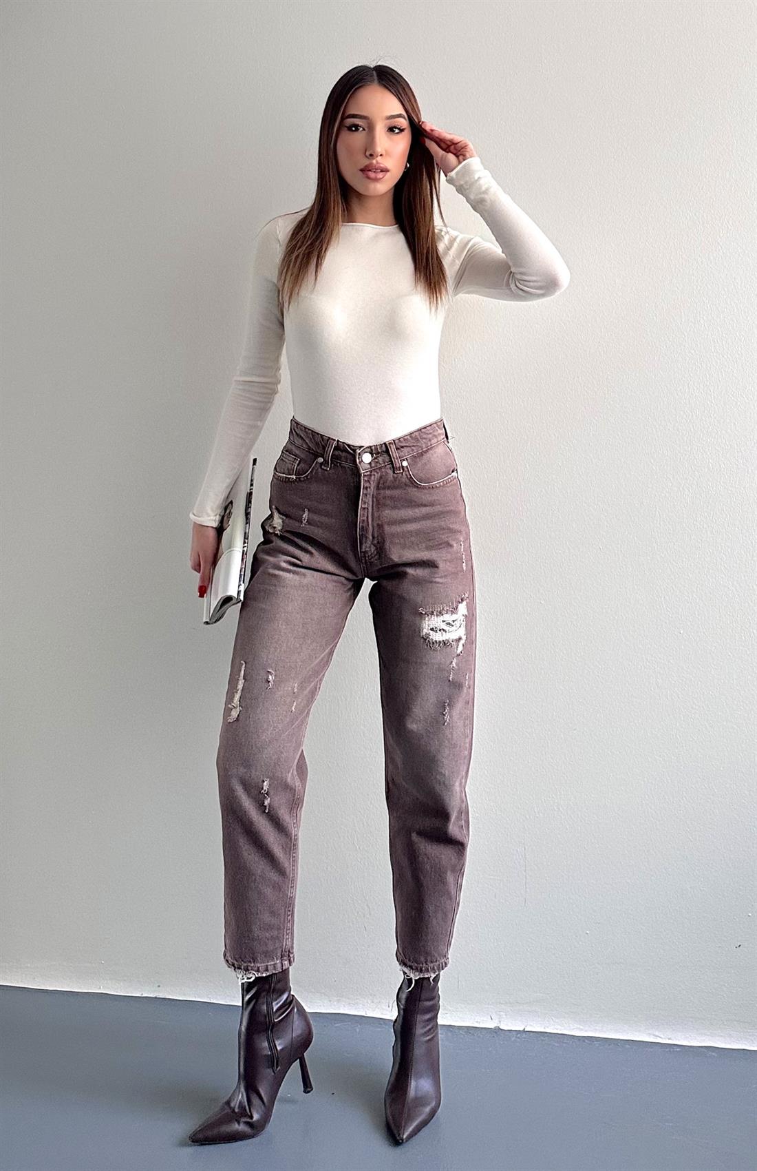 Yırtık Detaylı Denim Pantolon KAHVERENGİ