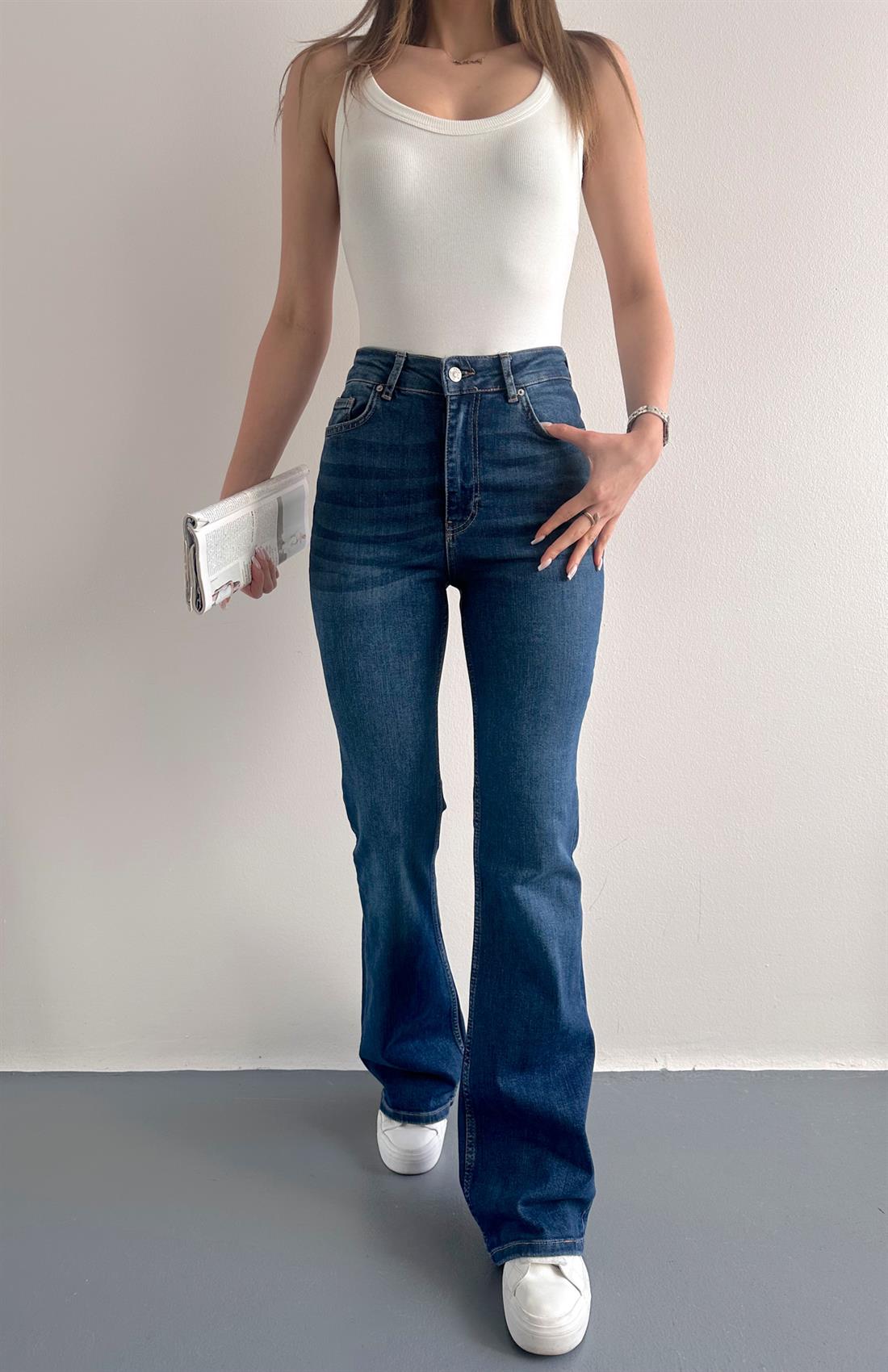 Yüksek Bel İspayol Paça Pantolon MAVİ