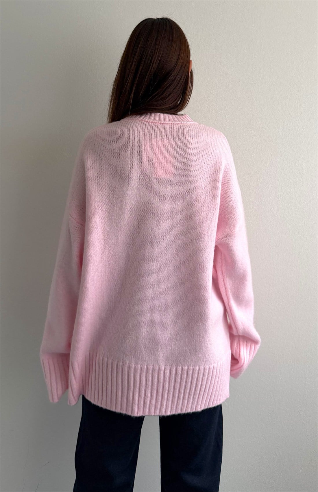 B.Yaka Düz Renk Pinterest Kazak PEMBE