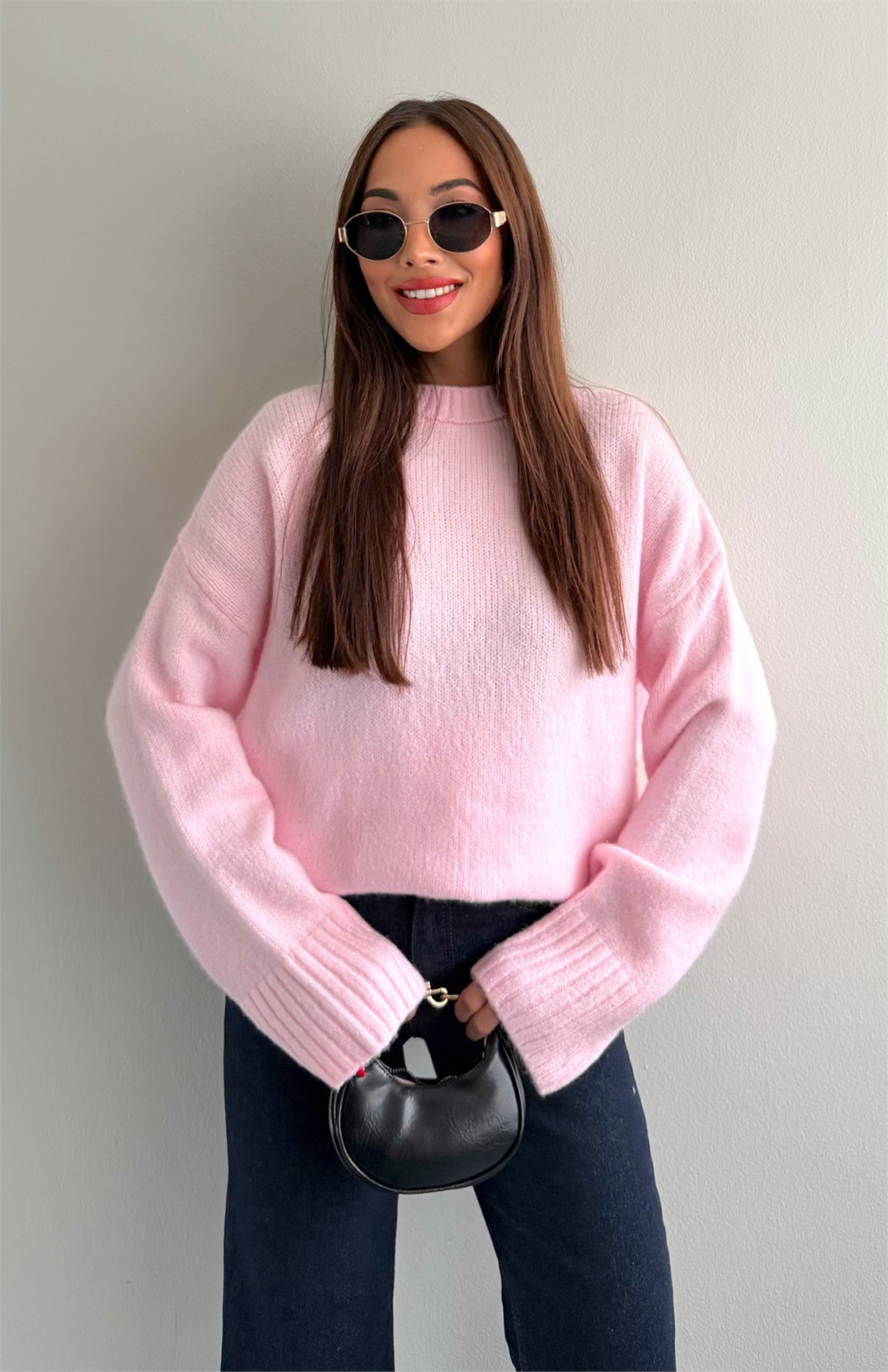 B.Yaka Düz Renk Pinterest Kazak PEMBE
