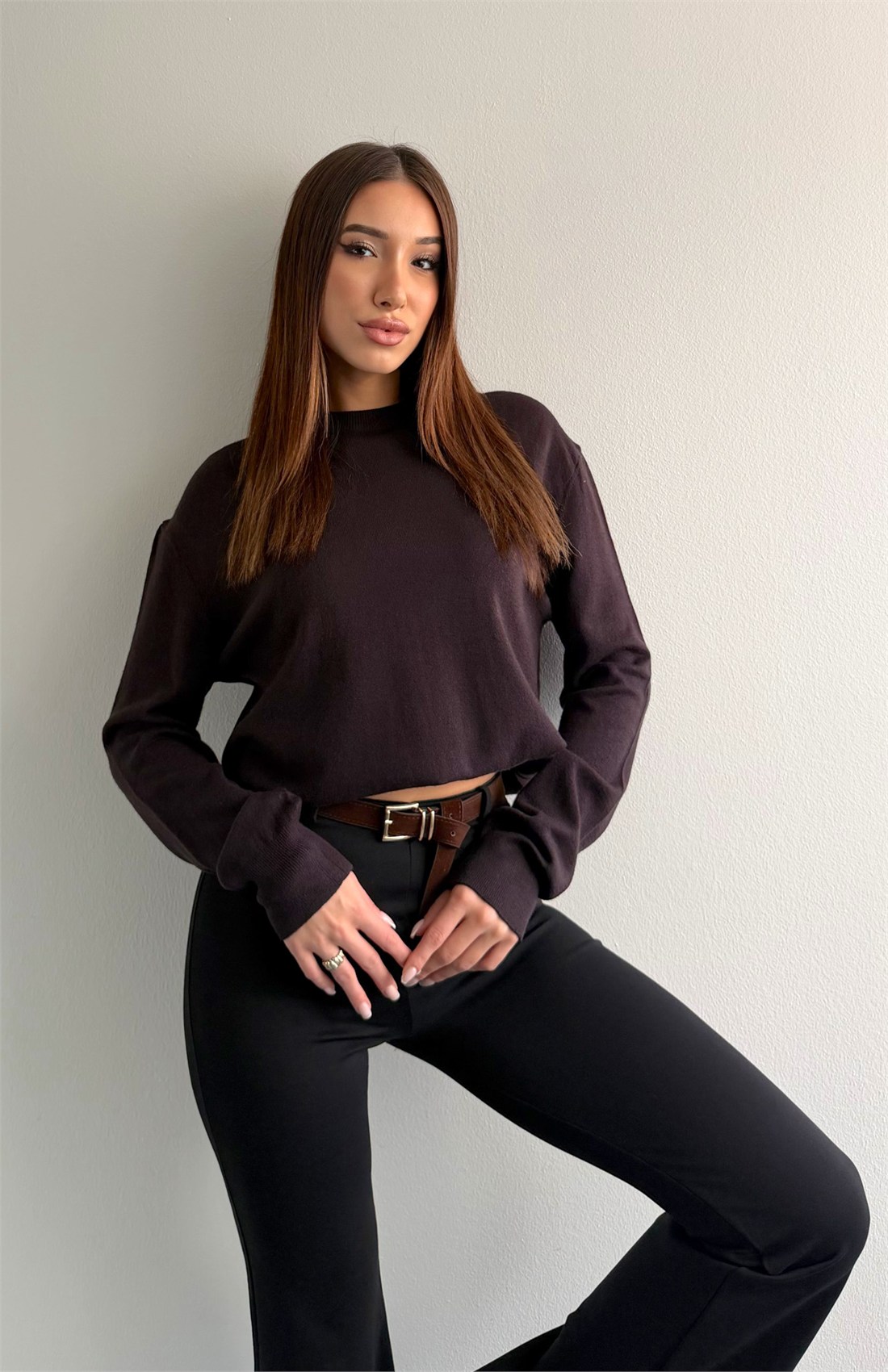 Bisiklet Yaka Basic Triko Kazak KOYU KAHVE