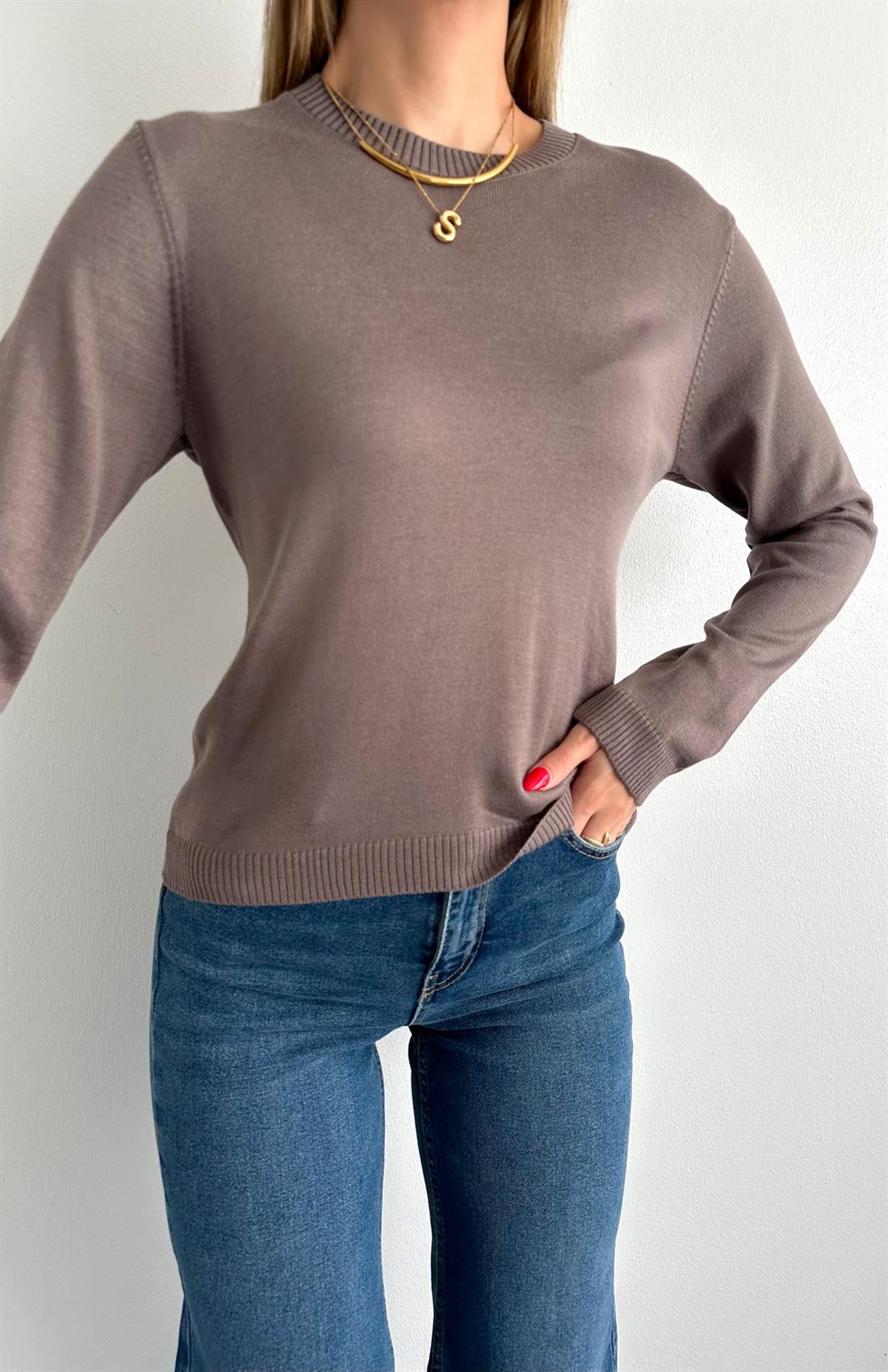 Bisiklet Yaka Carina Pamuk Kazak VİZON