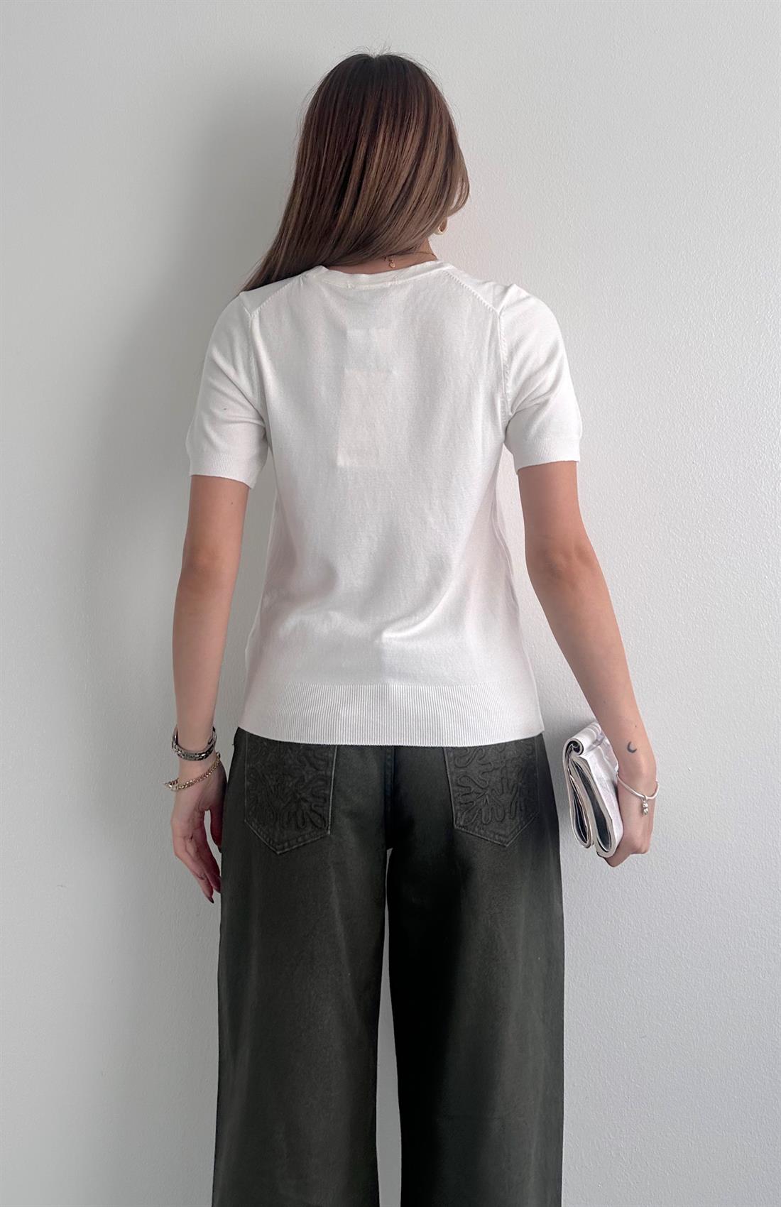 Bisiklet Yaka Kısa Kol Basic Triko Kazak EKRU