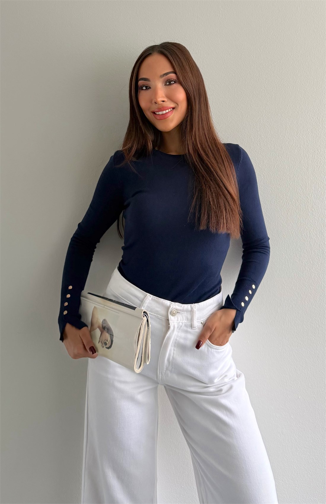Bisiklet Yaka Kol Ortası Droplu Kazak LACİVERT