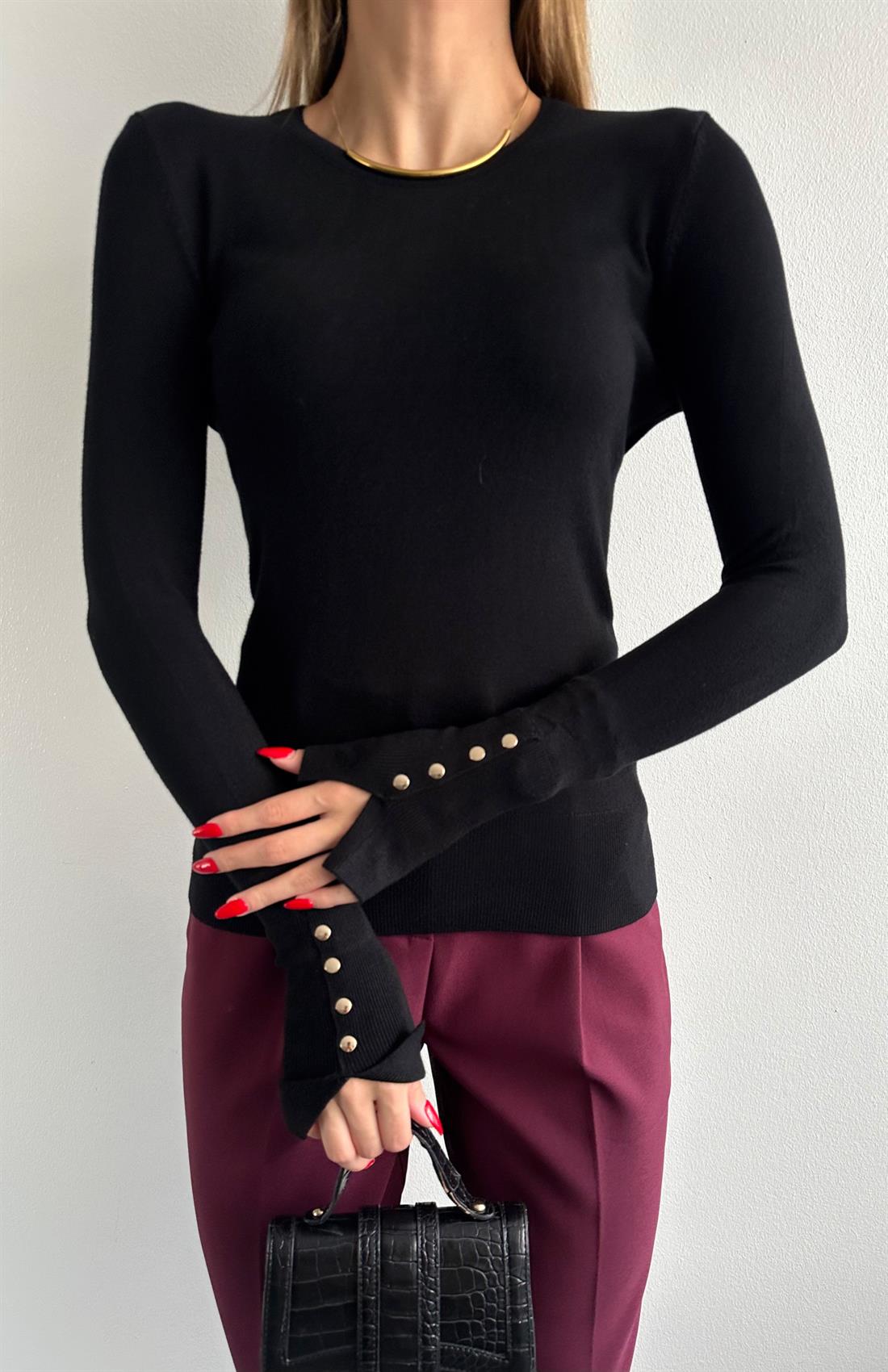 Bisiklet Yaka Kol Ortasi Droplu Kazak SİYAH