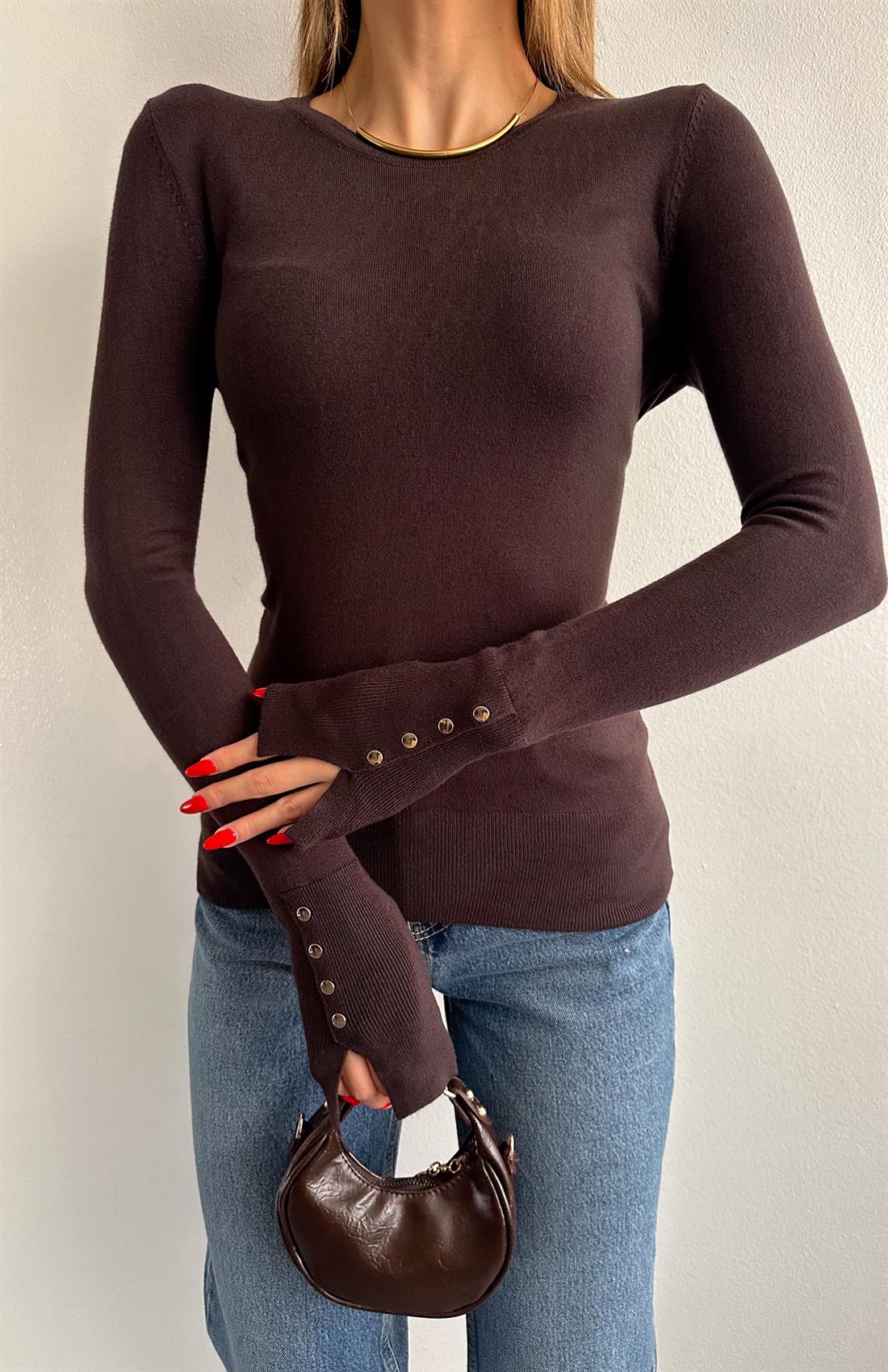 Bisiklet Yaka Kol Ortasi Droplu Kazak KOYU KAHVE