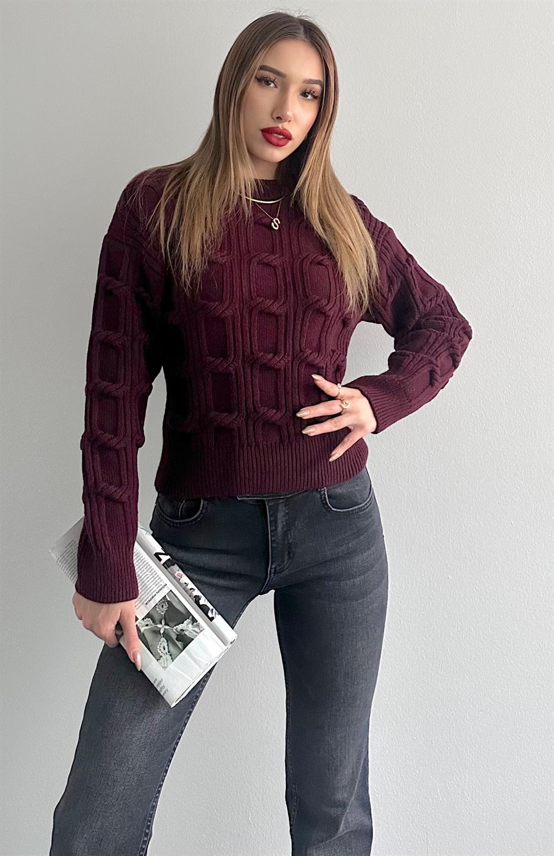 Bisiklet Yaka Örgü Detaylı Triko Kazak BORDO