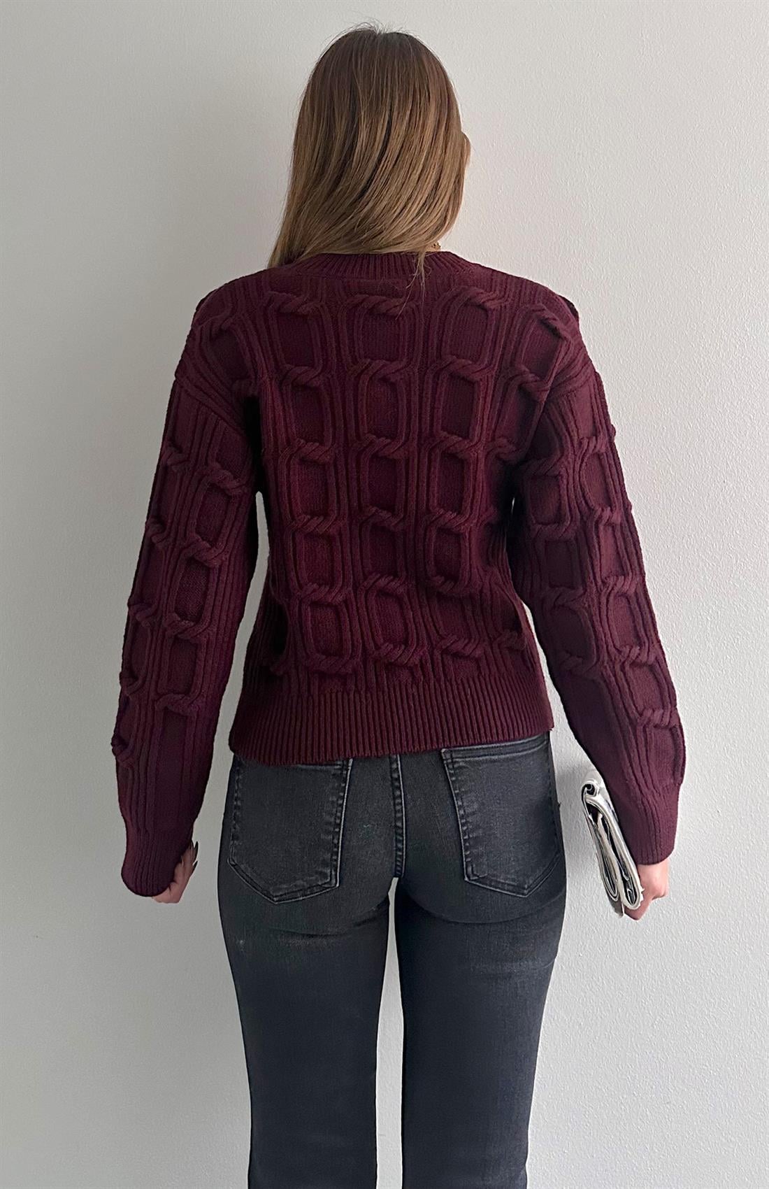 Bisiklet Yaka Örgü Detaylı Triko Kazak BORDO