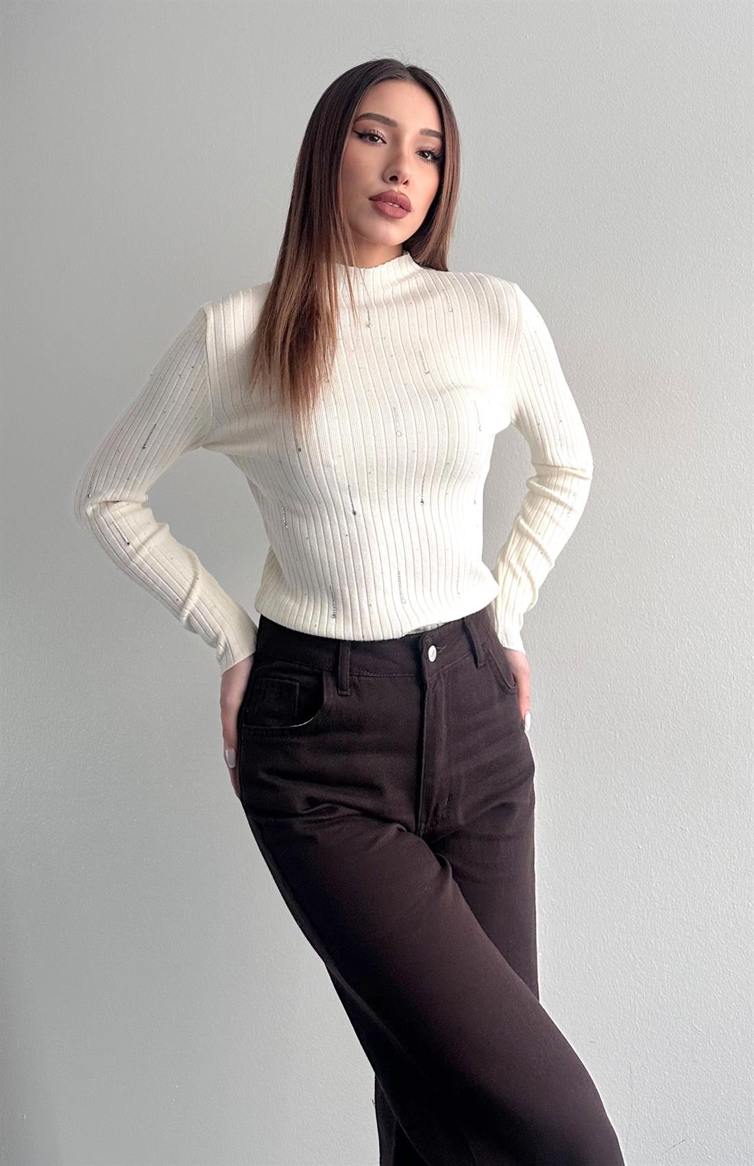 Damla Parlak Taşlı Elitli Kazak EKRU