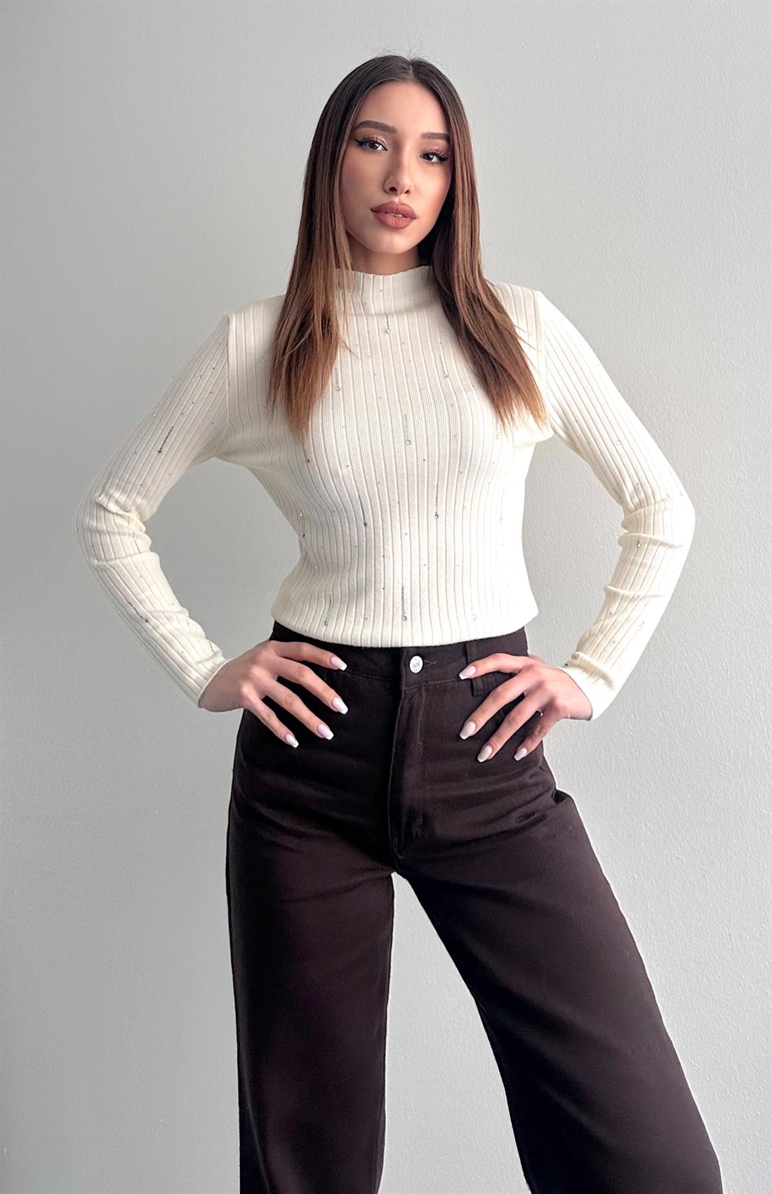 Damla Parlak Taşlı Elitli Kazak EKRU