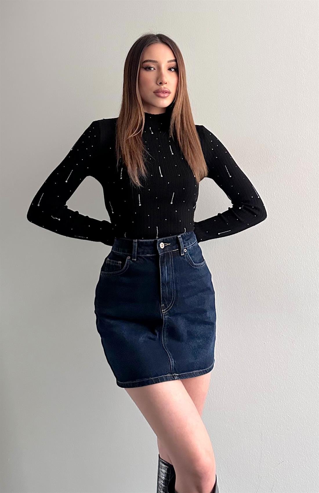 Damla Parlak Taşlı Elitli Kazak SİYAH