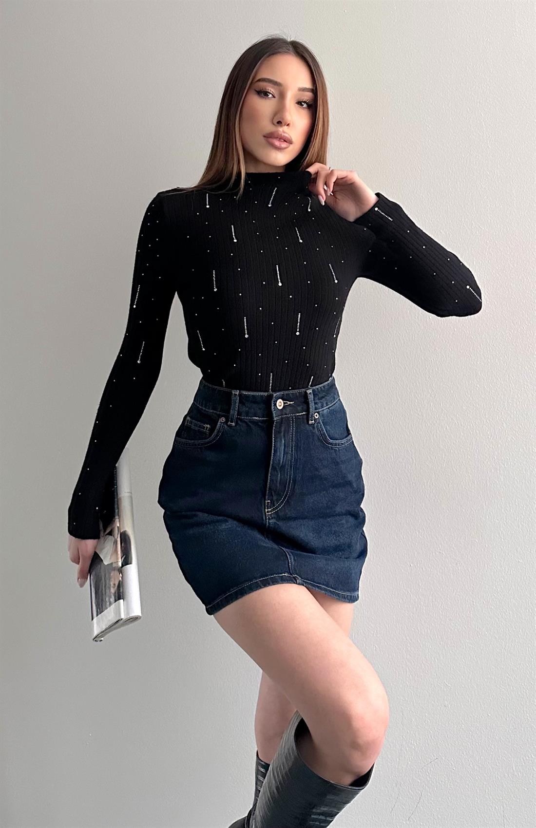 Damla Parlak Taşlı Elitli Kazak SİYAH